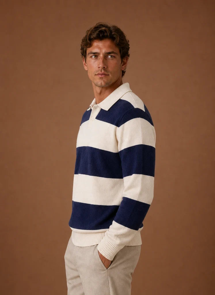 Men's Striped Knit Polo Sweater with Button Placket 1