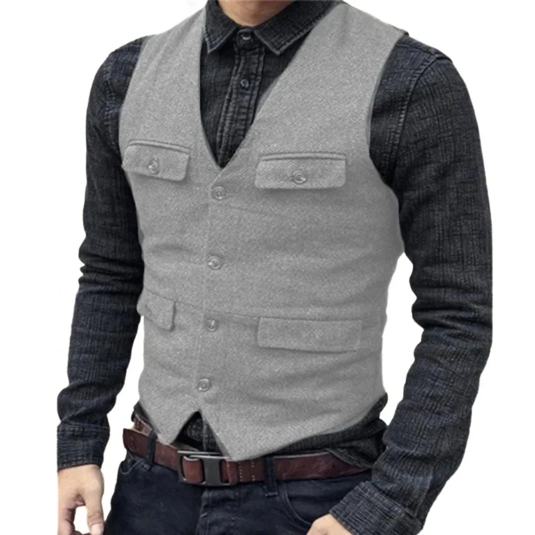 Men's Traditional V-Neck Waistcoat with Multiple Pockets 1
