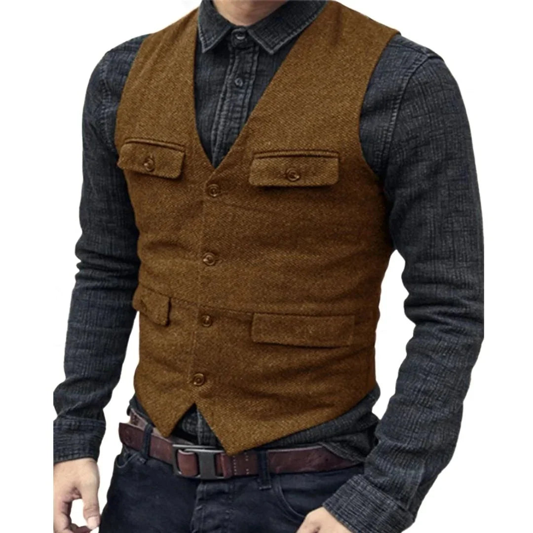Men's Traditional V-Neck Waistcoat with Multiple Pockets 8