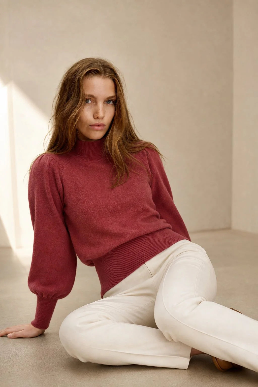 Merino Wool Womens Pullover Sweater with Puff Sleeves and High Neck 0