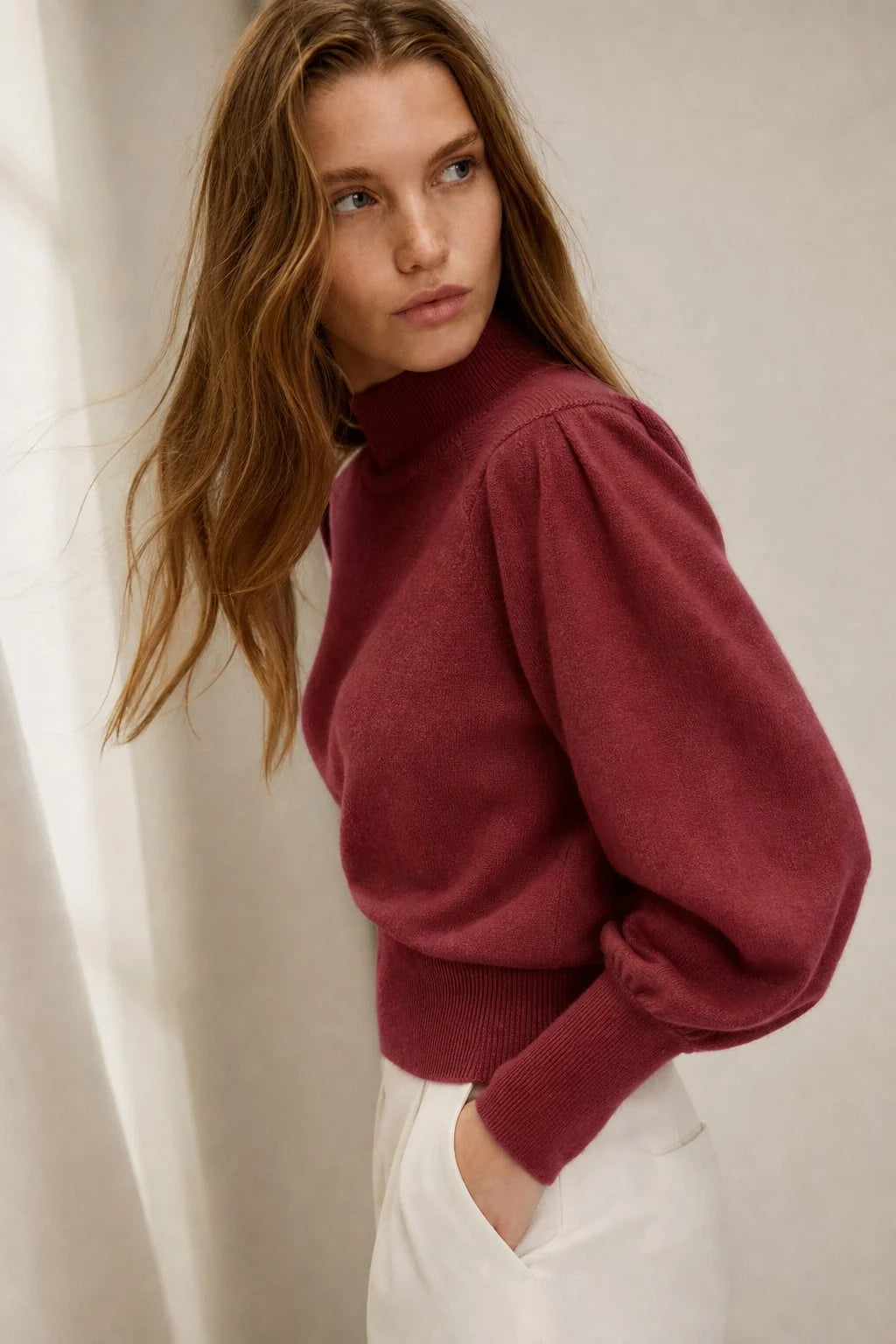 Merino Wool Womens Pullover Sweater with Puff Sleeves and High Neck 1