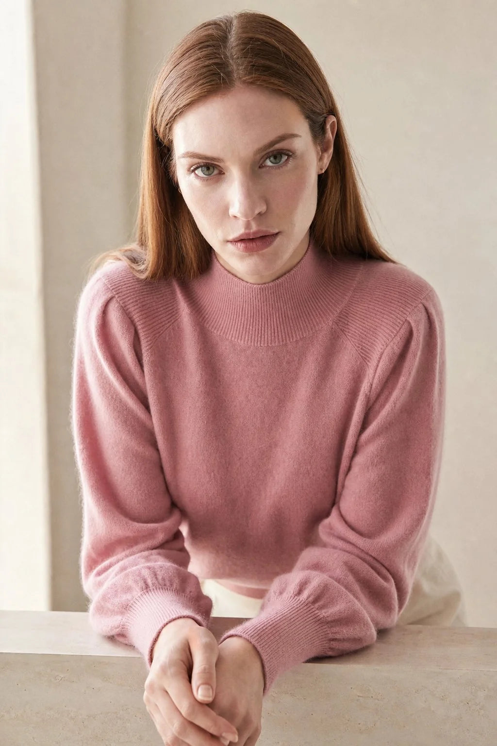 Merino Wool Womens Pullover Sweater with Puff Sleeves and High Neck 2