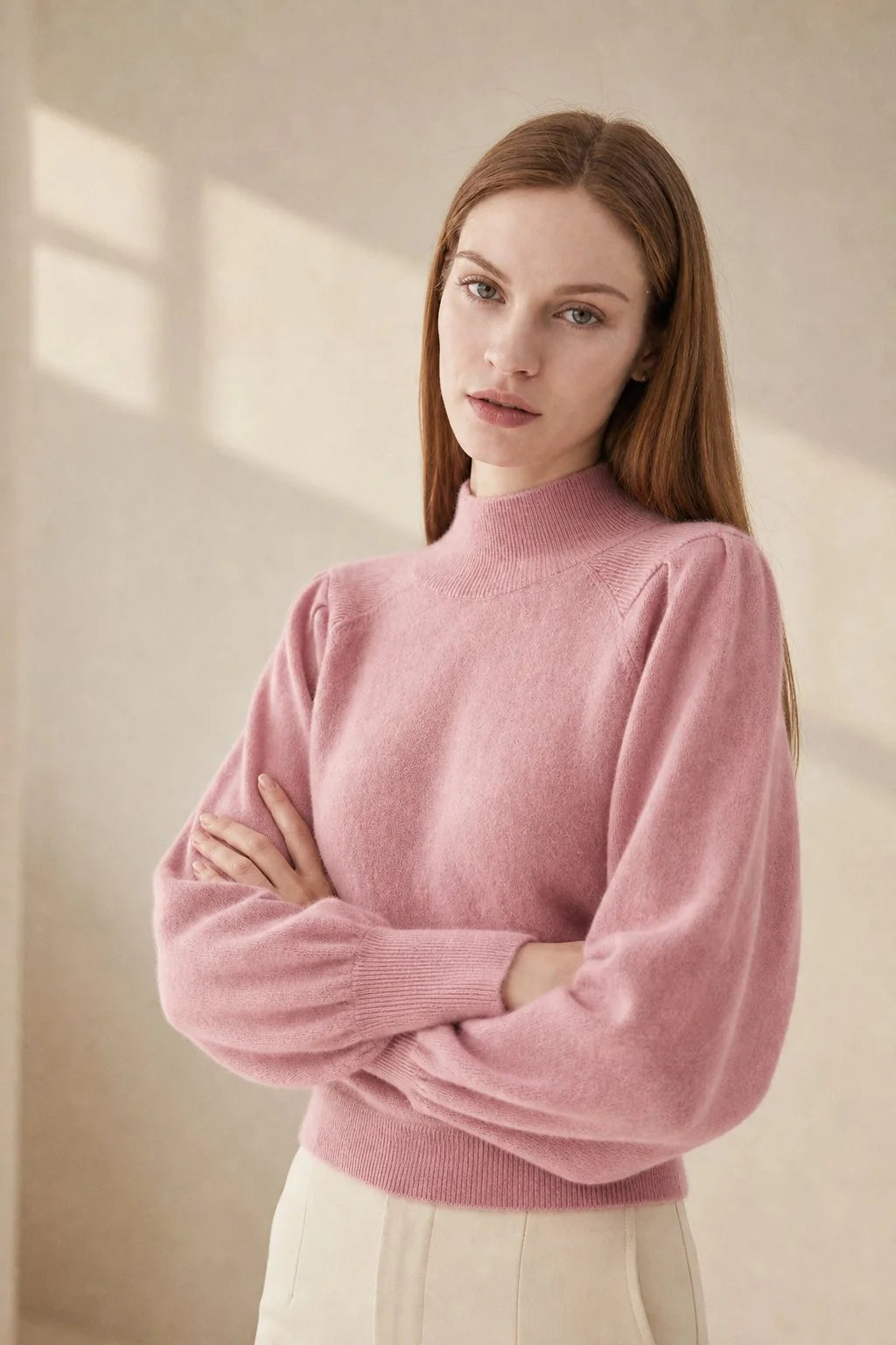 Merino Wool Womens Pullover Sweater with Puff Sleeves and High Neck 3