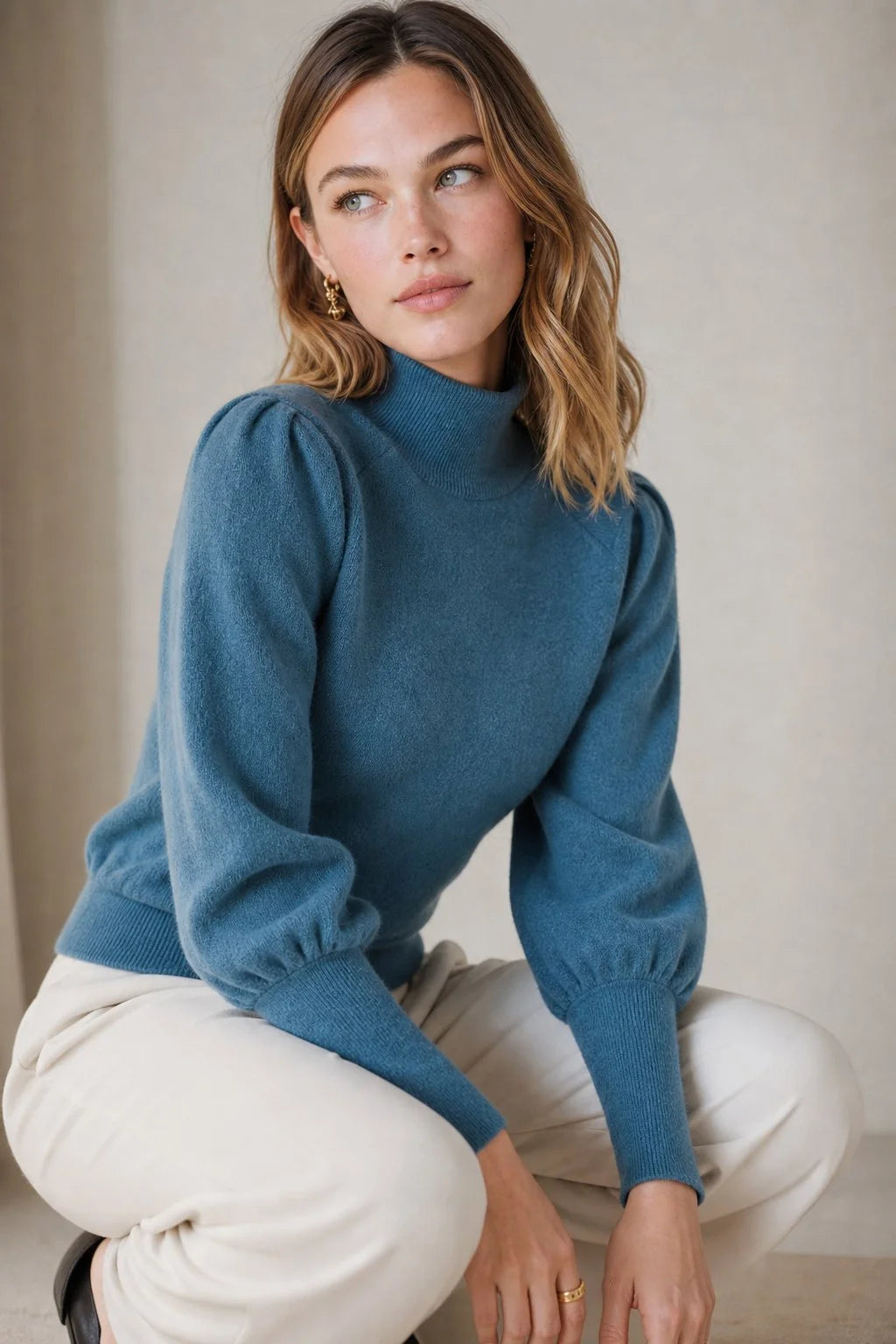 Merino Wool Womens Pullover Sweater with Puff Sleeves and High Neck 5
