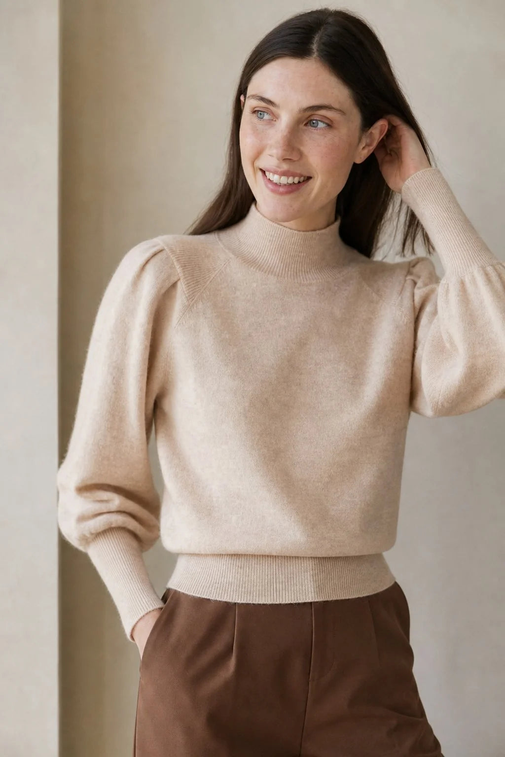 Merino Wool Womens Pullover Sweater with Puff Sleeves and High Neck 6