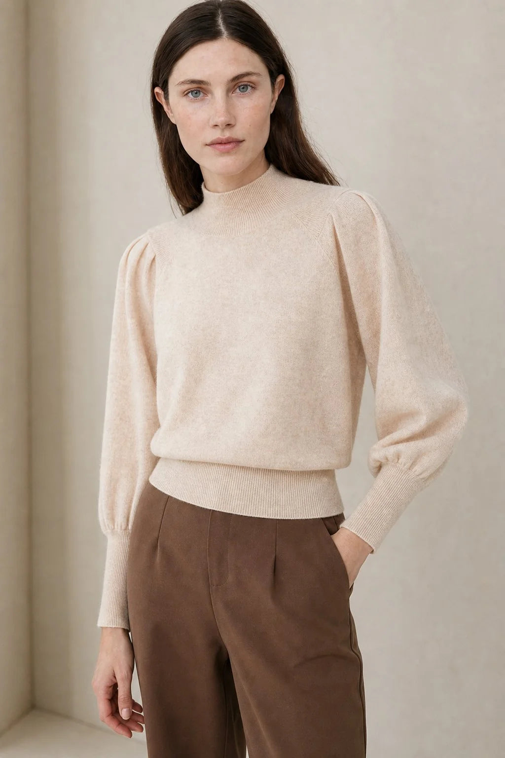 Merino Wool Womens Pullover Sweater with Puff Sleeves and High Neck 7