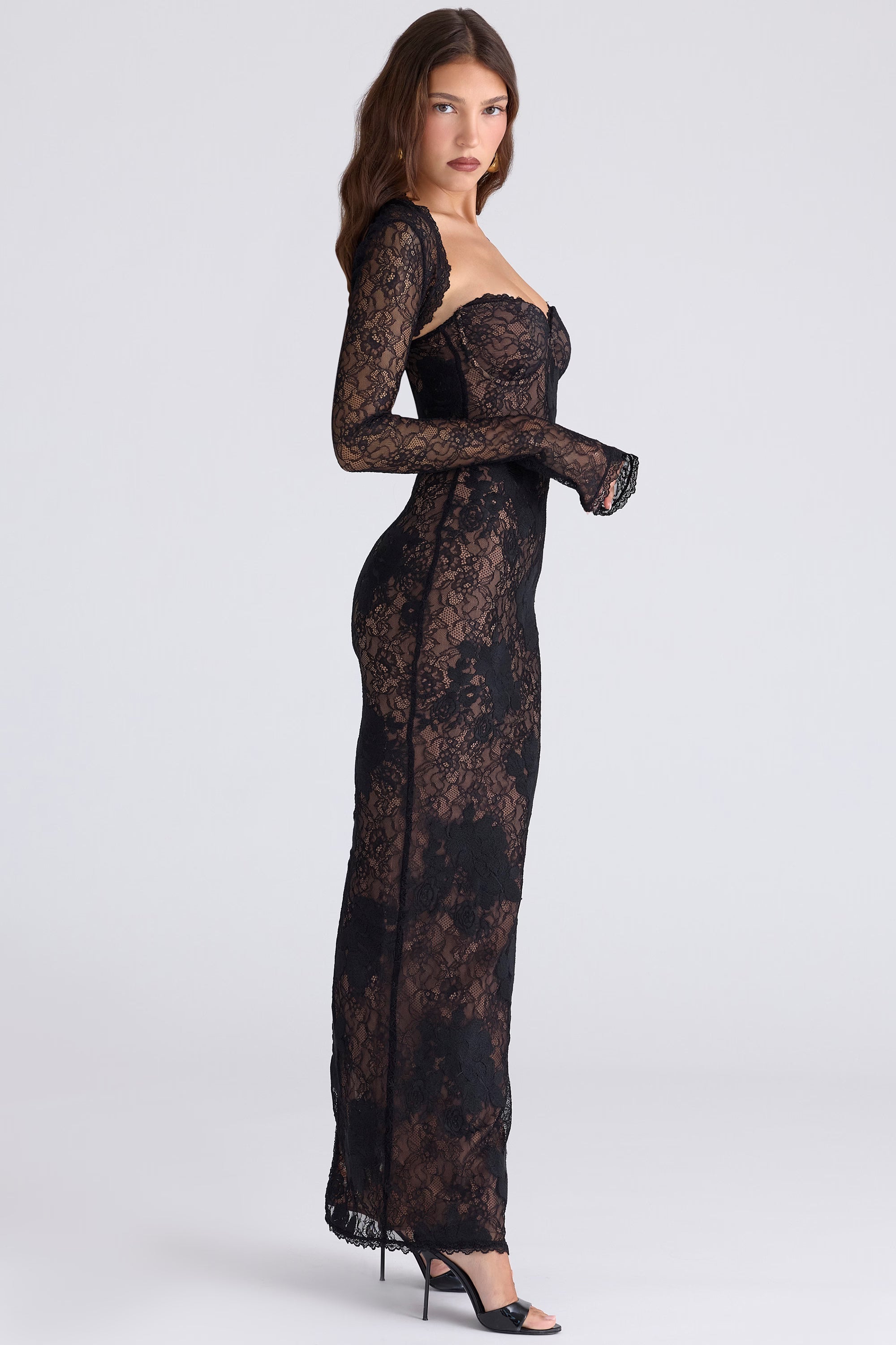 Women’s Maxi Dress | Lace-Look Design | Long Sleeves with Slit