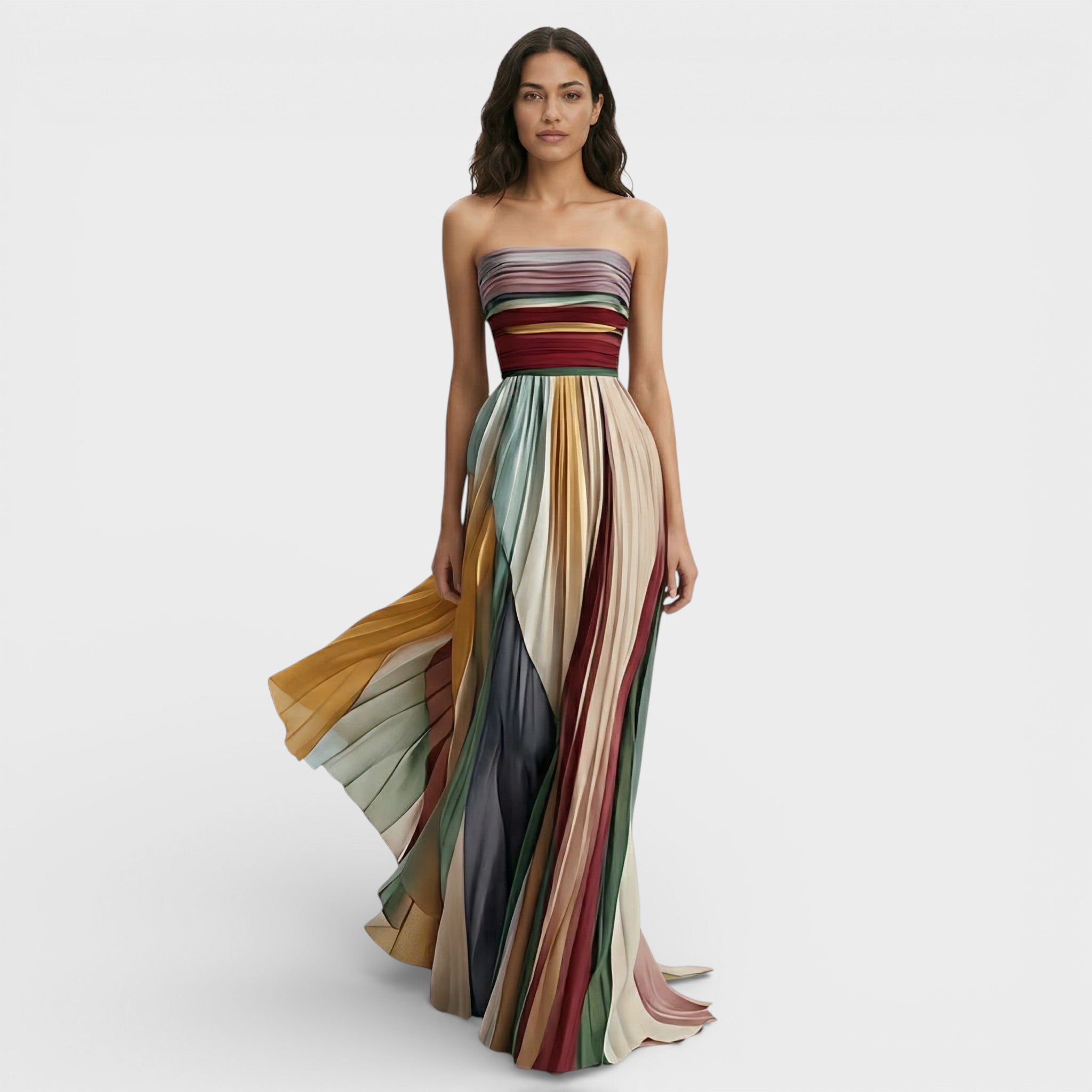 Women’s Maxi Dress | Strapless | Pleated with Multicolor Stripes