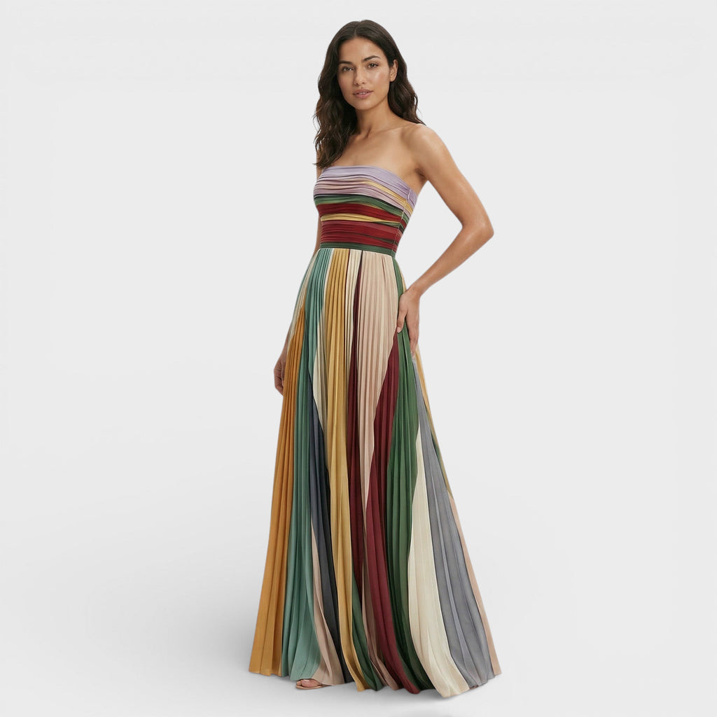 Women’s Maxi Dress | Strapless | Pleated with Multicolor Stripes
