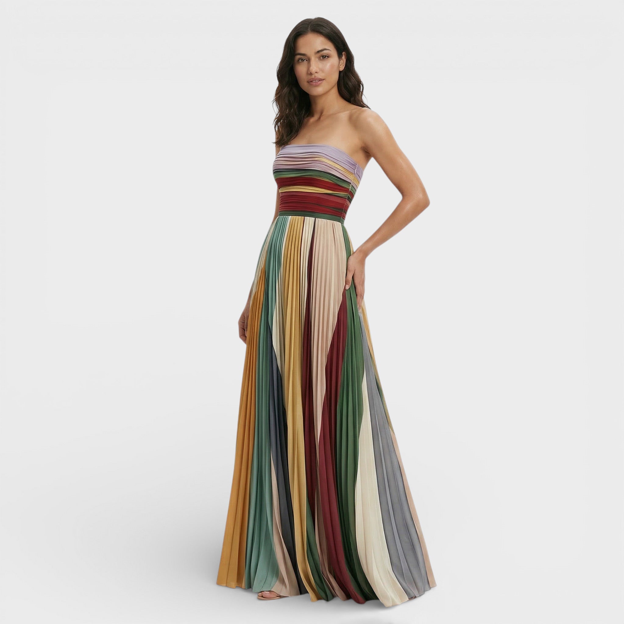 Women’s Maxi Dress | Strapless | Pleated with Multicolor Stripes