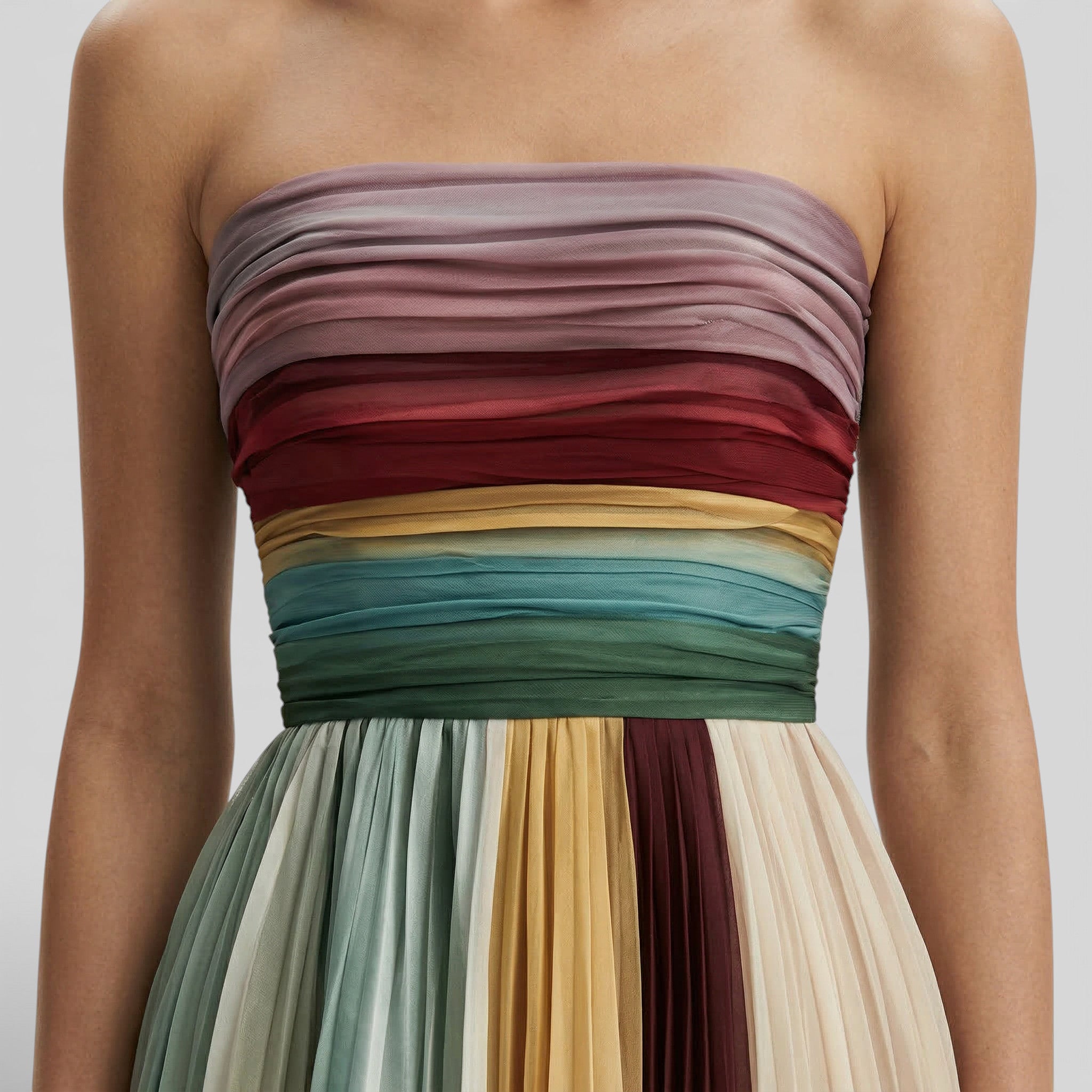 Women’s Maxi Dress | Strapless | Pleated with Multicolor Stripes