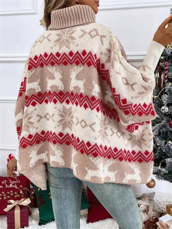 Oversized Turtleneck Sweater with Reindeer Pattern for Women 2