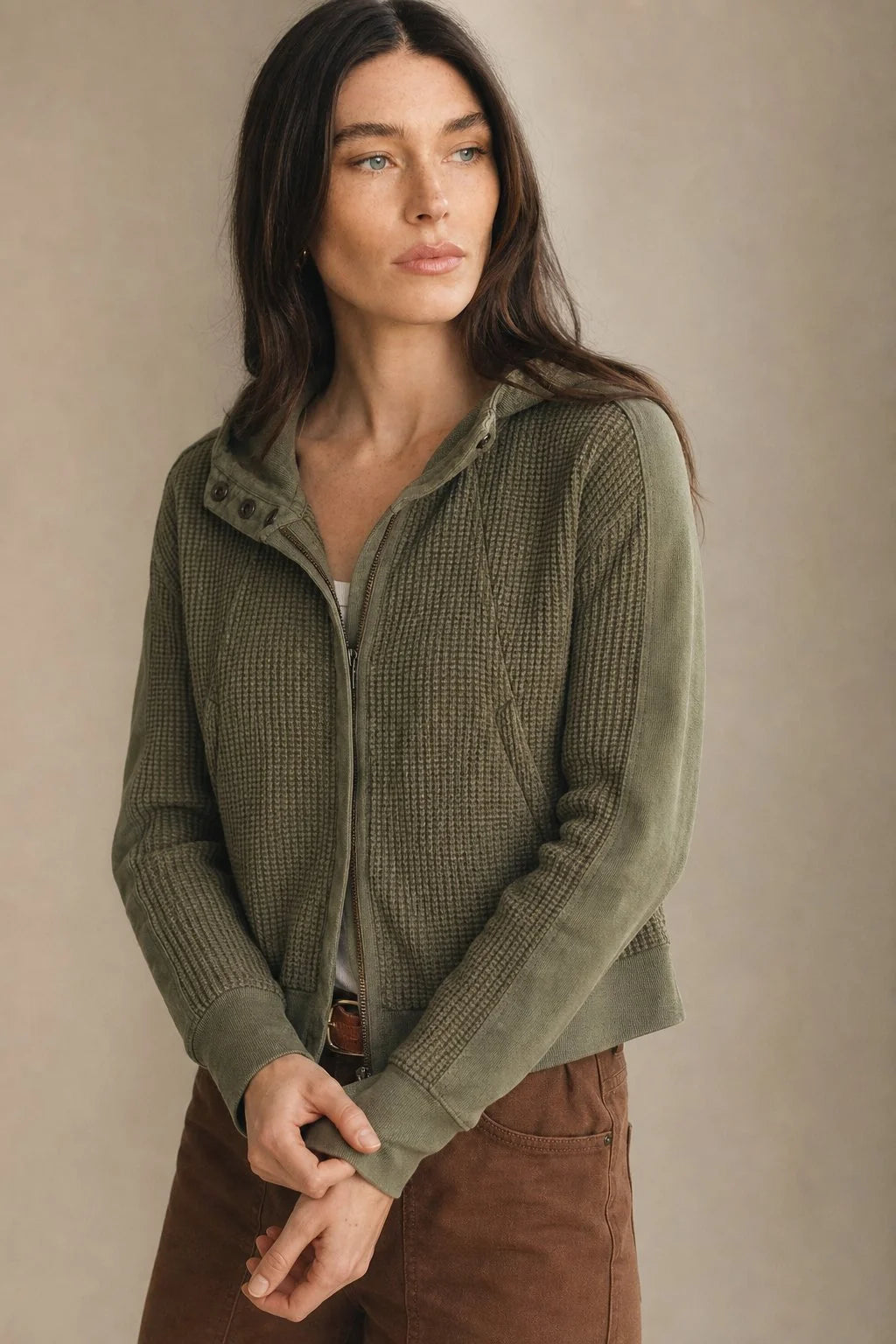 Oversized Waffle Knit Hoodie with Zip Closure 1