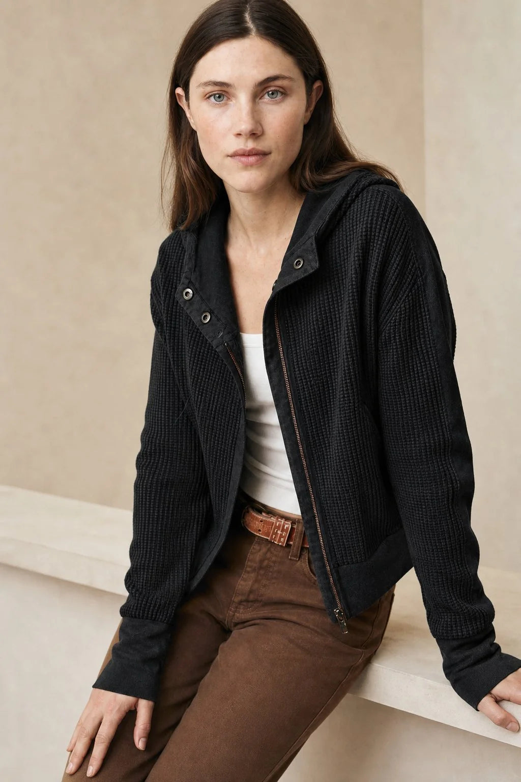 Oversized Waffle Knit Hoodie with Zip Closure 4