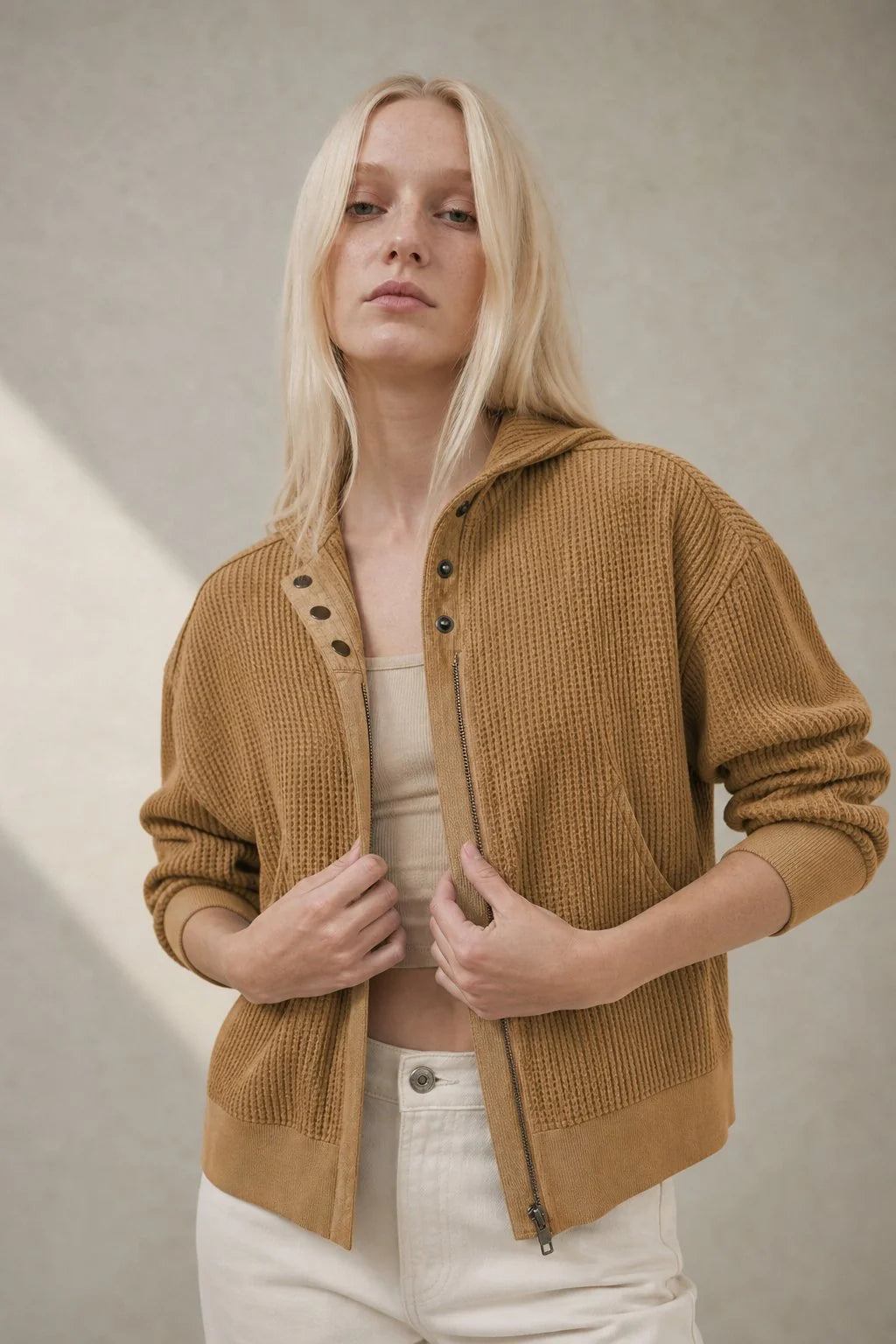 Oversized Waffle Knit Hoodie with Zip Closure 9