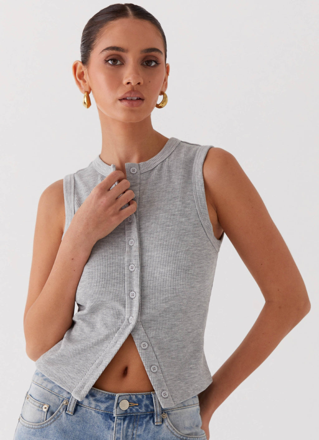Nolani Ribbed Tank Top – Sleeveless Top with Button Closure