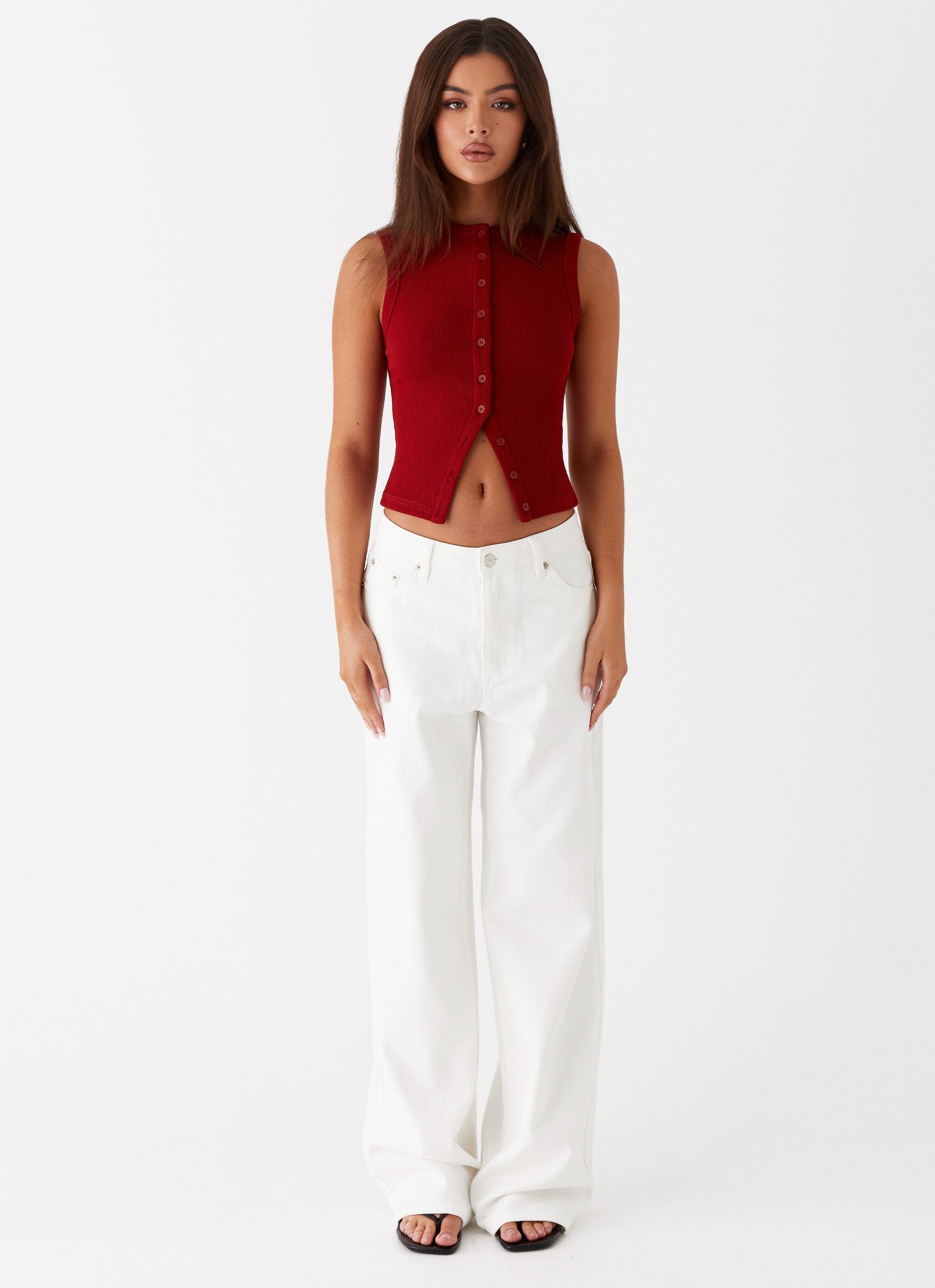 Nolani Ribbed Tank Top – Sleeveless Top with Button Closure