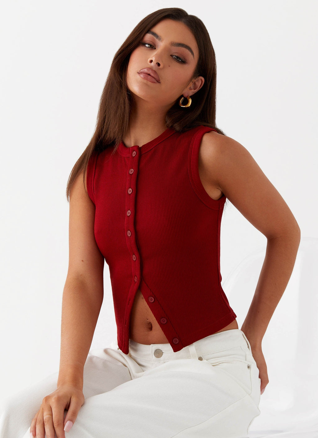 Nolani Ribbed Tank Top – Sleeveless Top with Button Closure