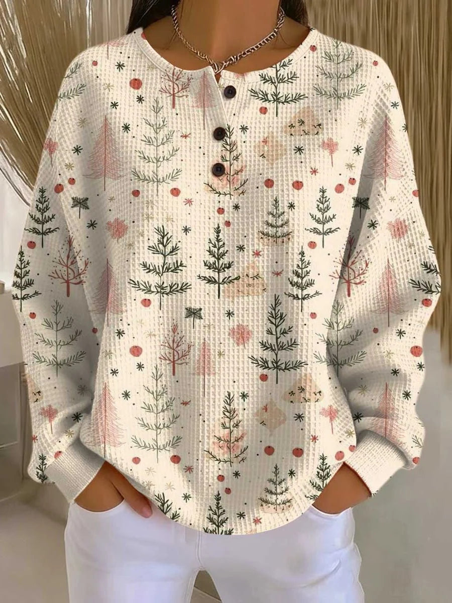 Printed Fleece Pullover Sweater with Button Front for Women 0