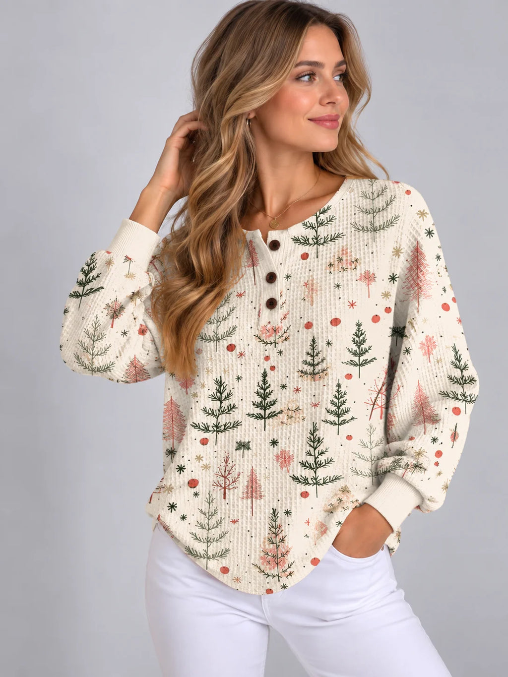 Printed Fleece Pullover Sweater with Button Front for Women 1