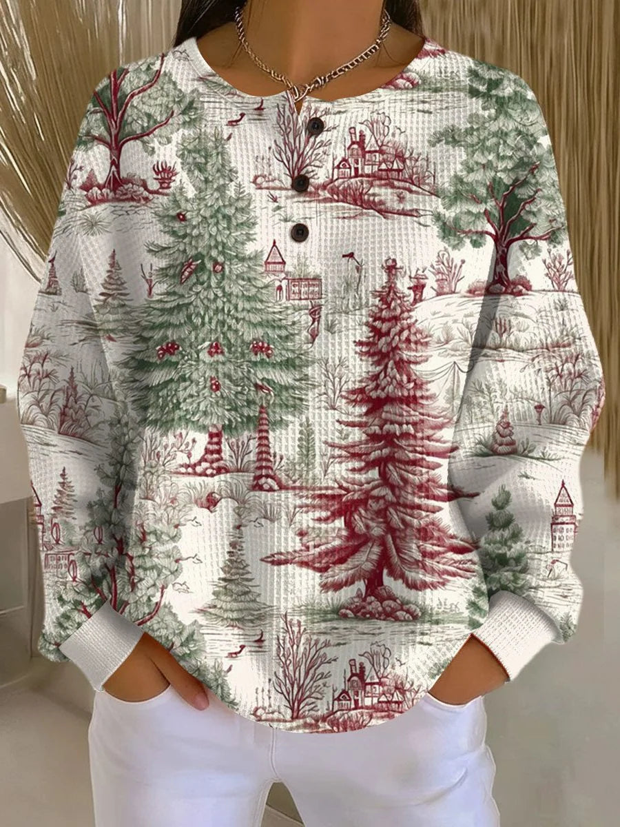 Printed Knit Sweater with Crew Neck and Long Sleeves for Women 0