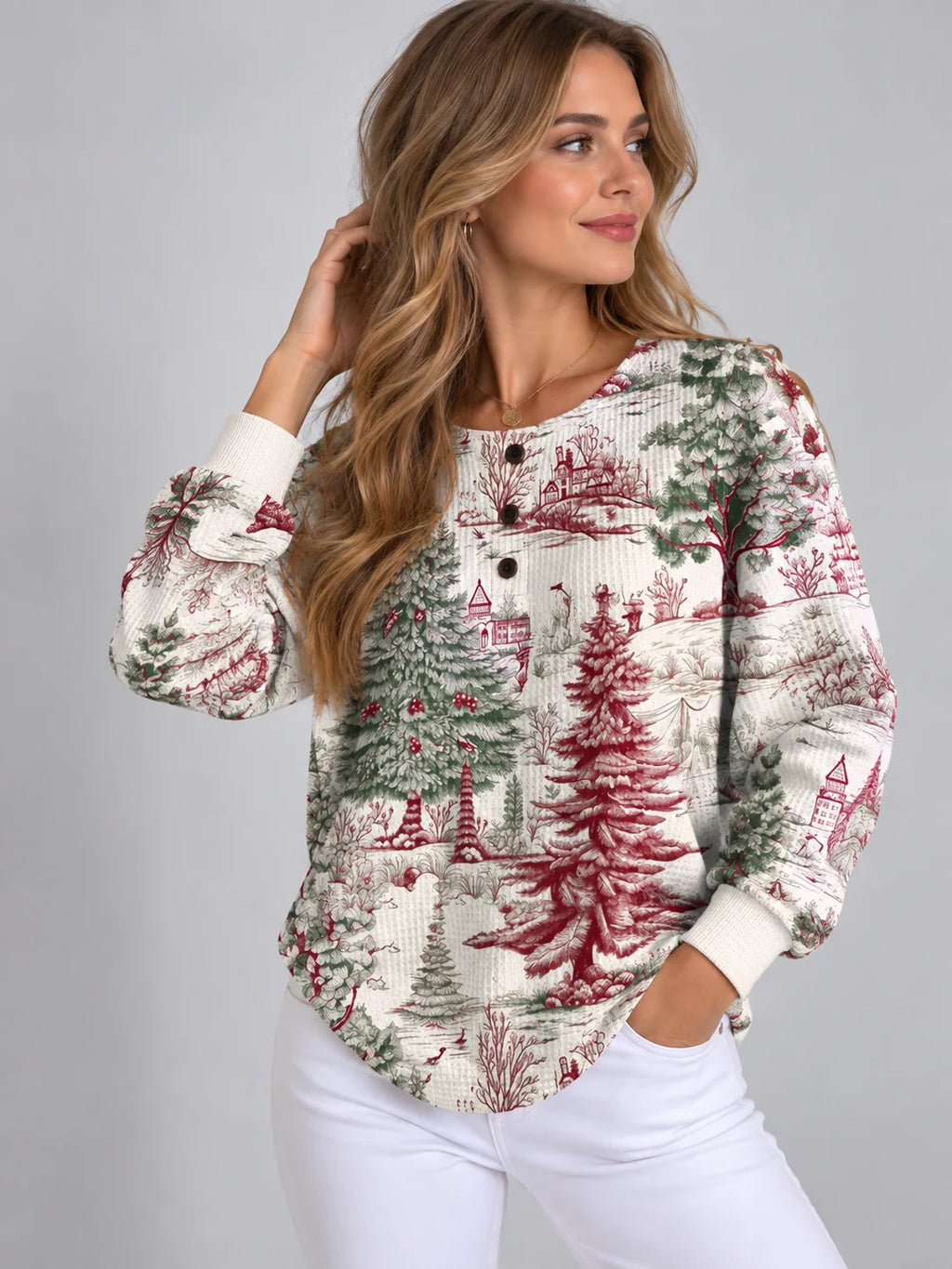 Printed Knit Sweater with Crew Neck and Long Sleeves for Women 2