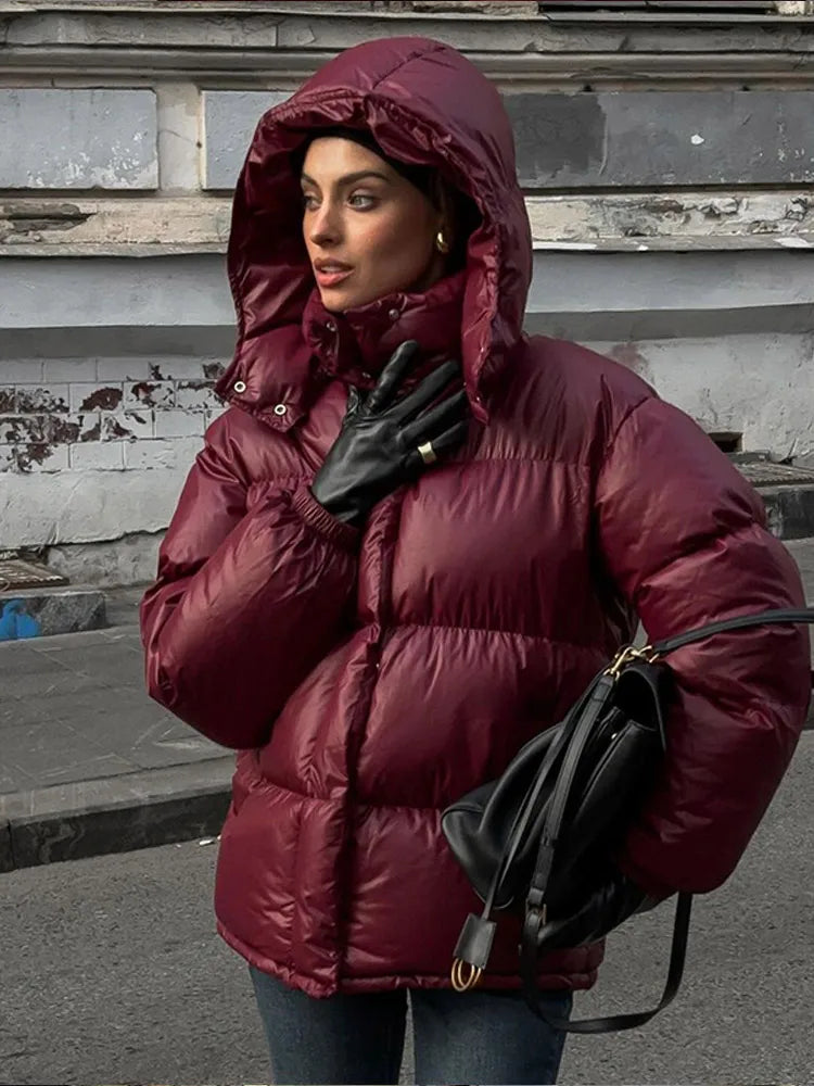 Quilted Hooded Women's Jacket with Shiny Finish for Versatile Style 2