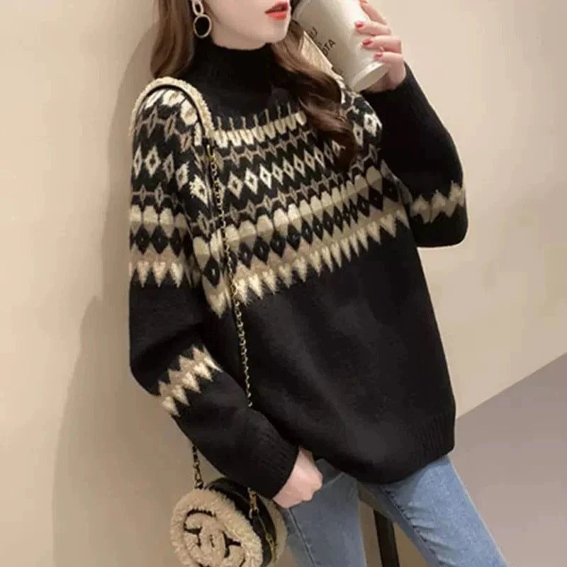 Relaxed Fit Fair Isle Turtleneck Sweater for Women 0
