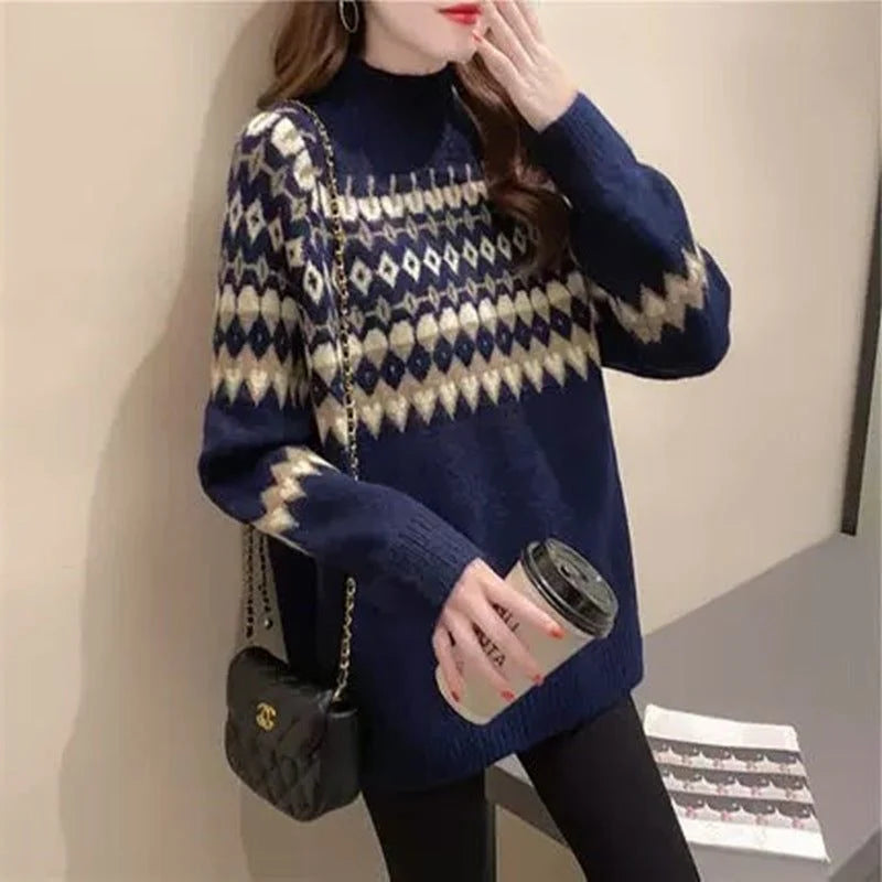 Relaxed Fit Fair Isle Turtleneck Sweater for Women 3