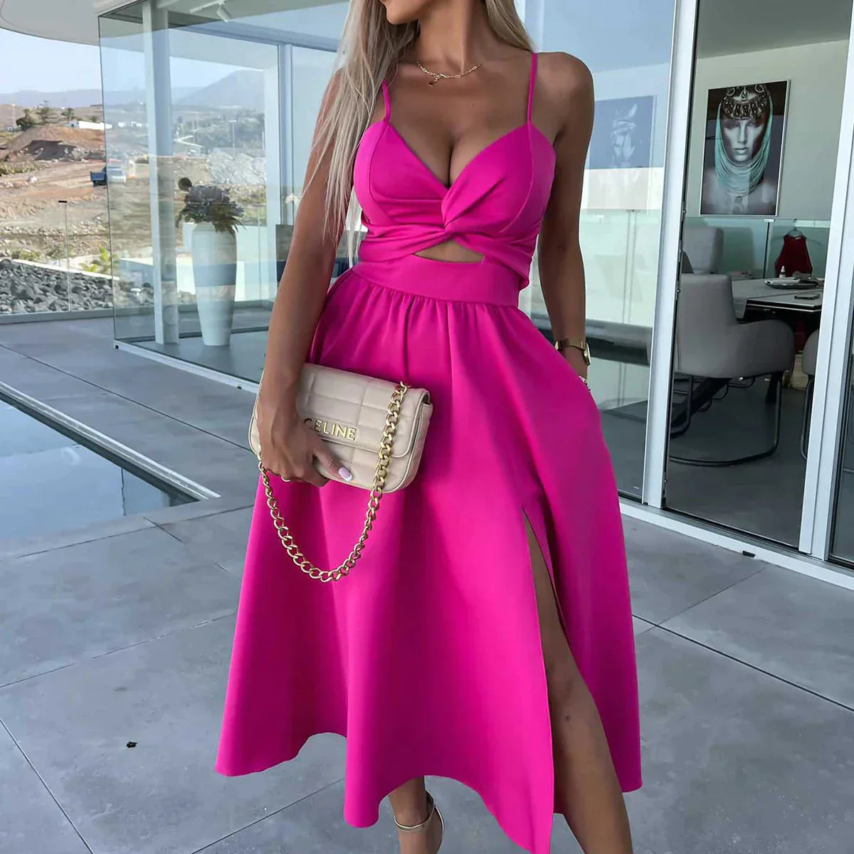 Joseiah – Side Cut-Out Pocket Midi Dress with Slit