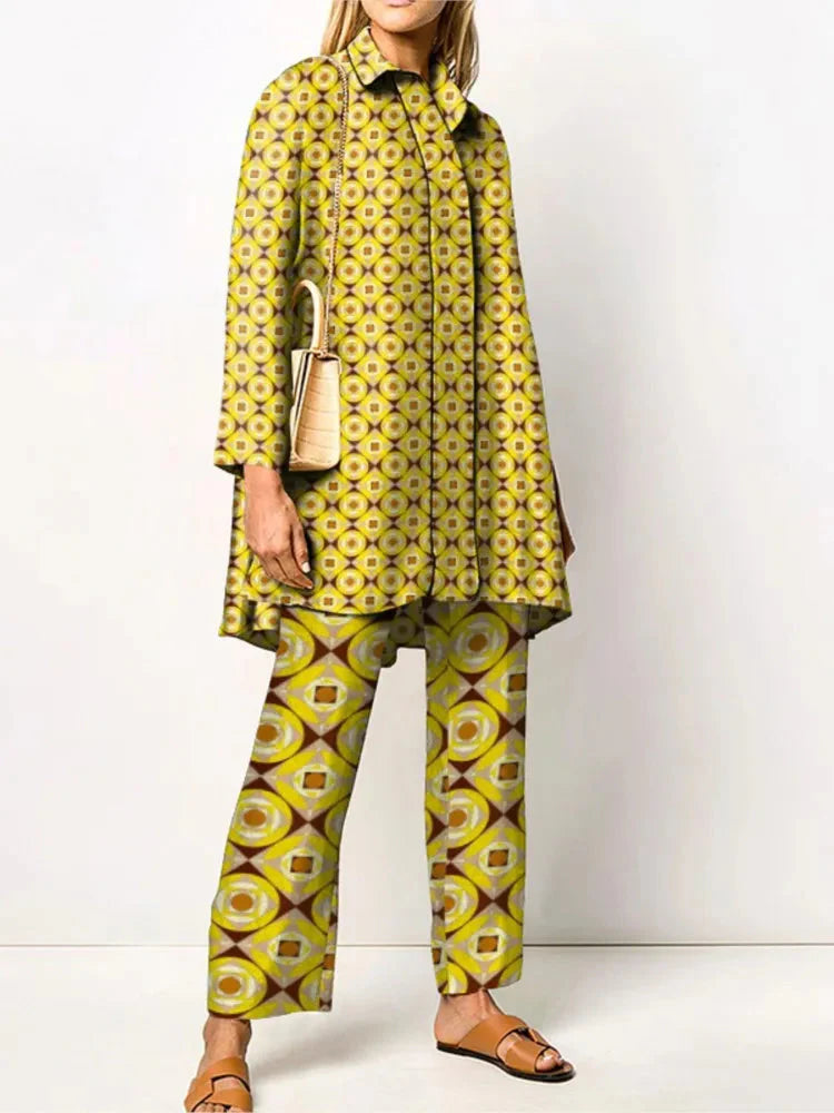 Elegant vintage two-piece set for women – Fashionable blouse and trousers