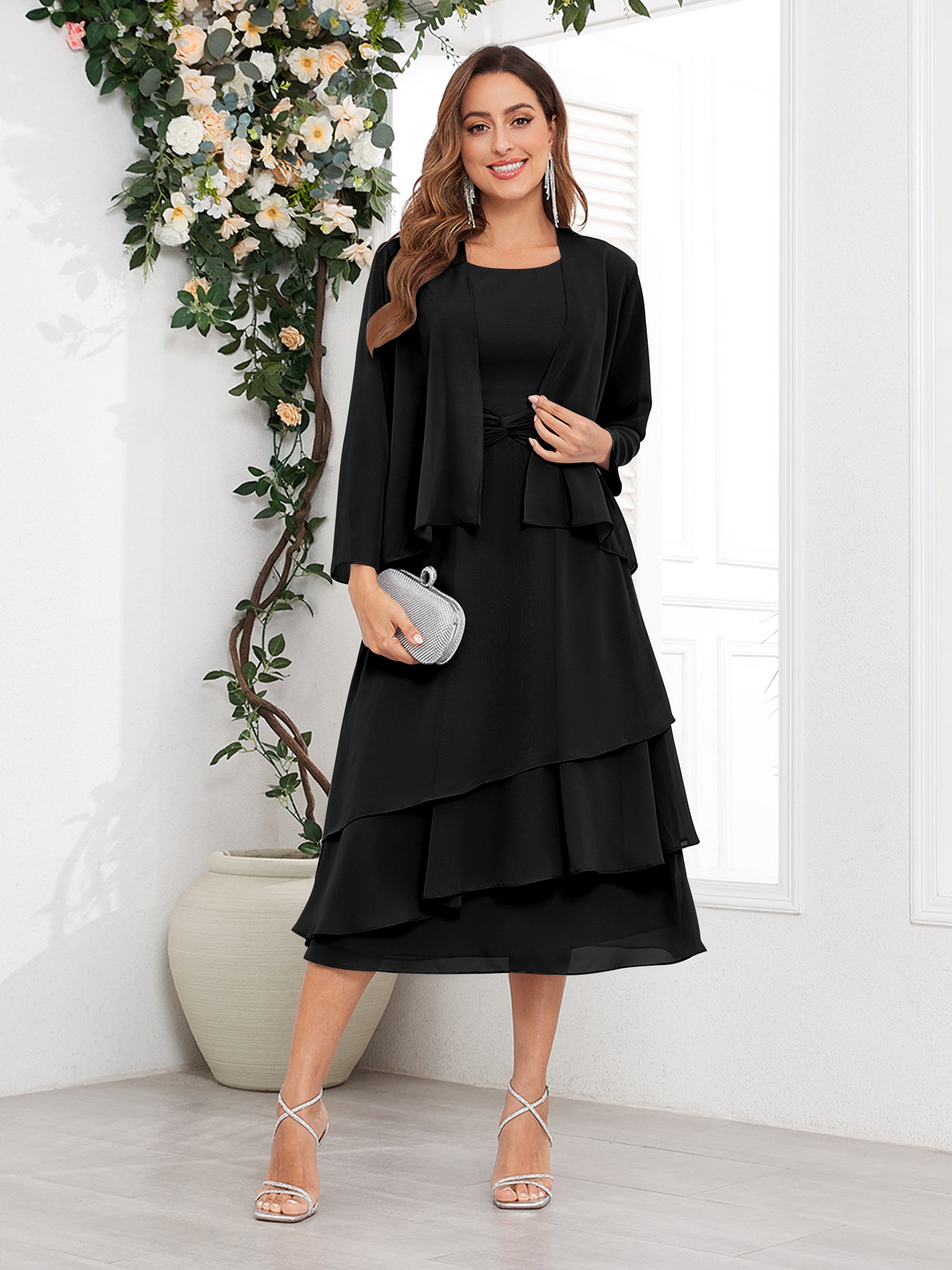 Women's Midi Chiffon Mother Of The Bride Dress Long Sleeve Tiered Two Piece