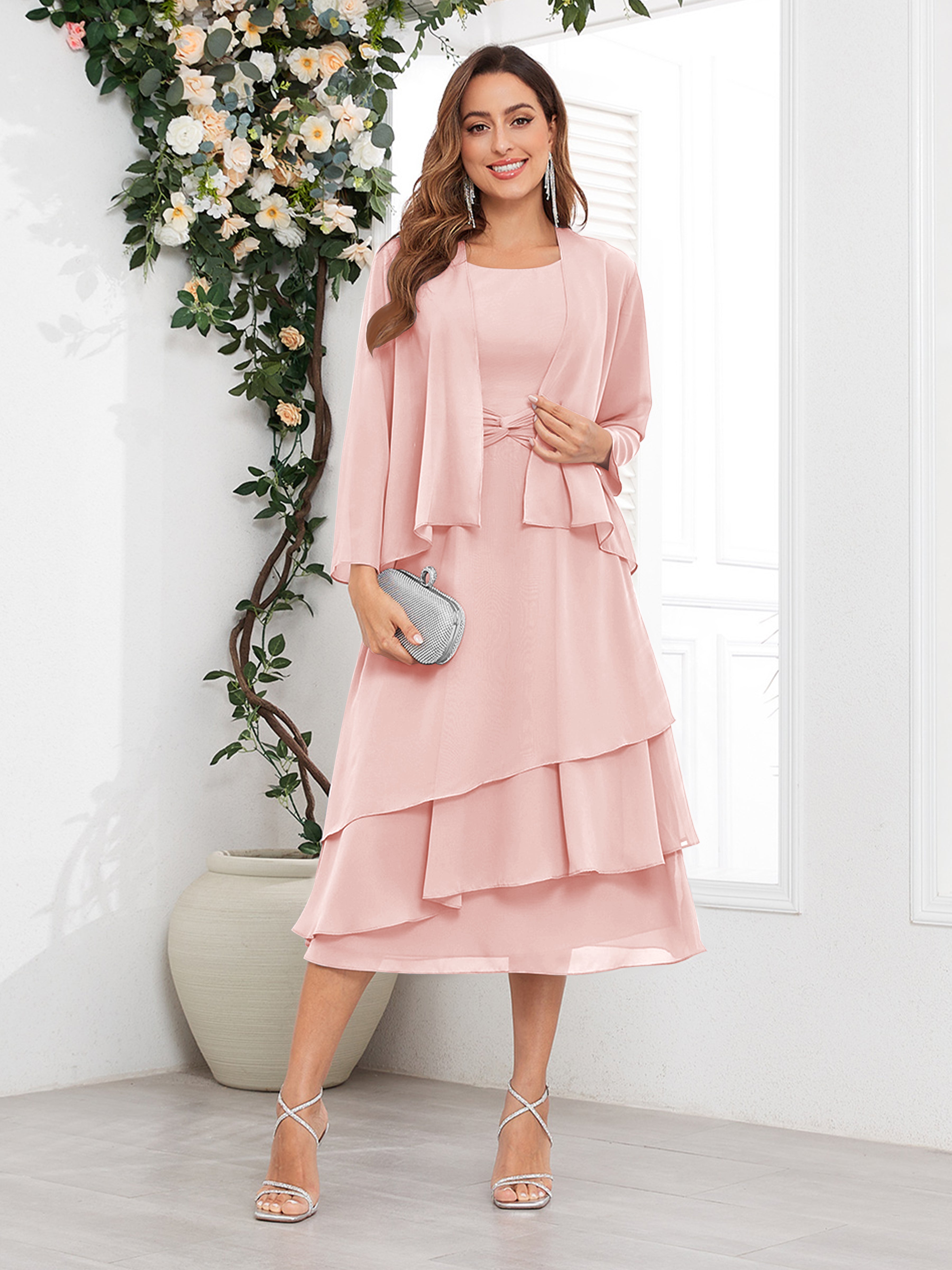 Women's Midi Chiffon Mother Of The Bride Dress Long Sleeve Tiered Two Piece