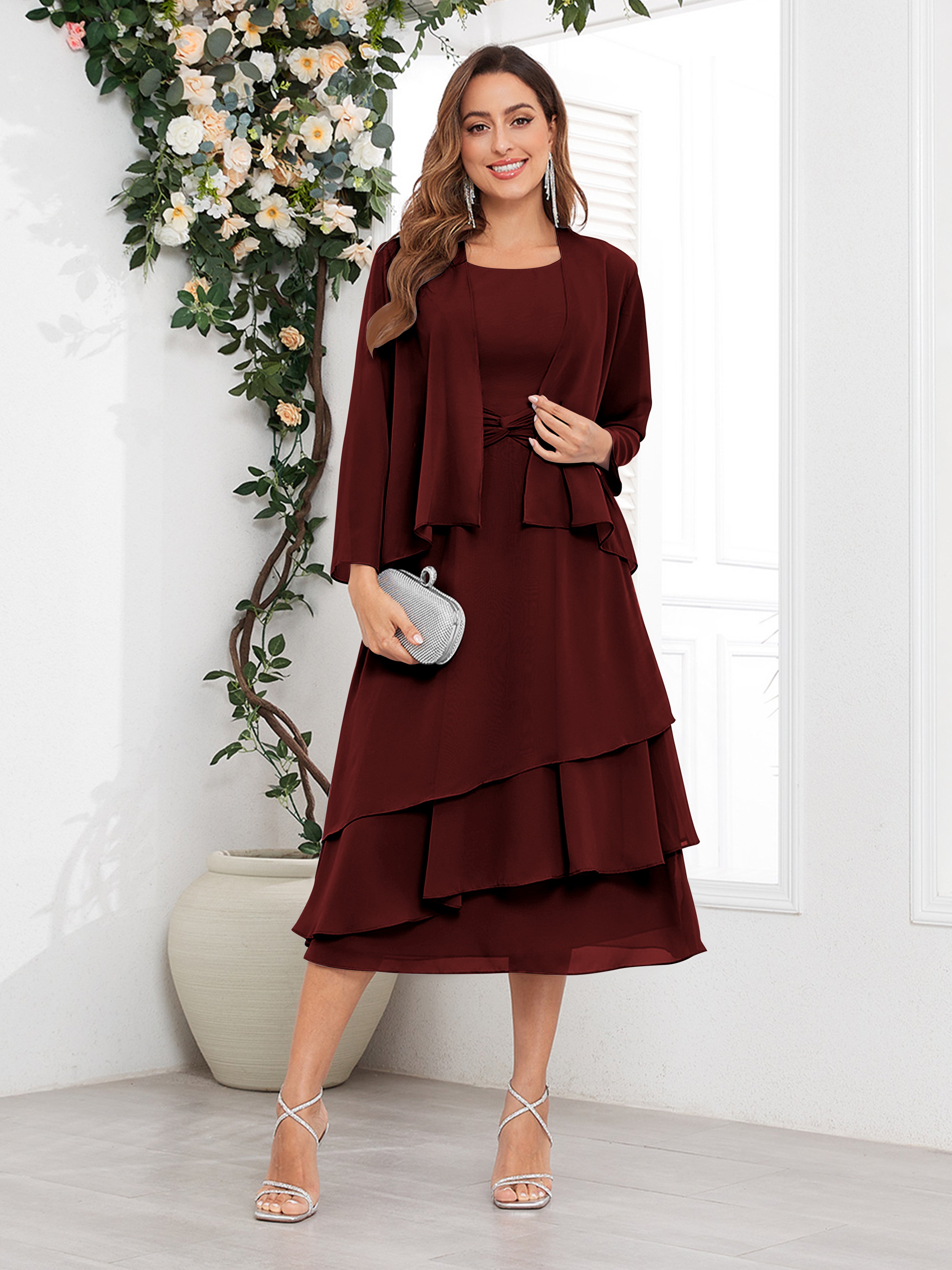 Women's Midi Chiffon Mother Of The Bride Dress Long Sleeve Tiered Two Piece