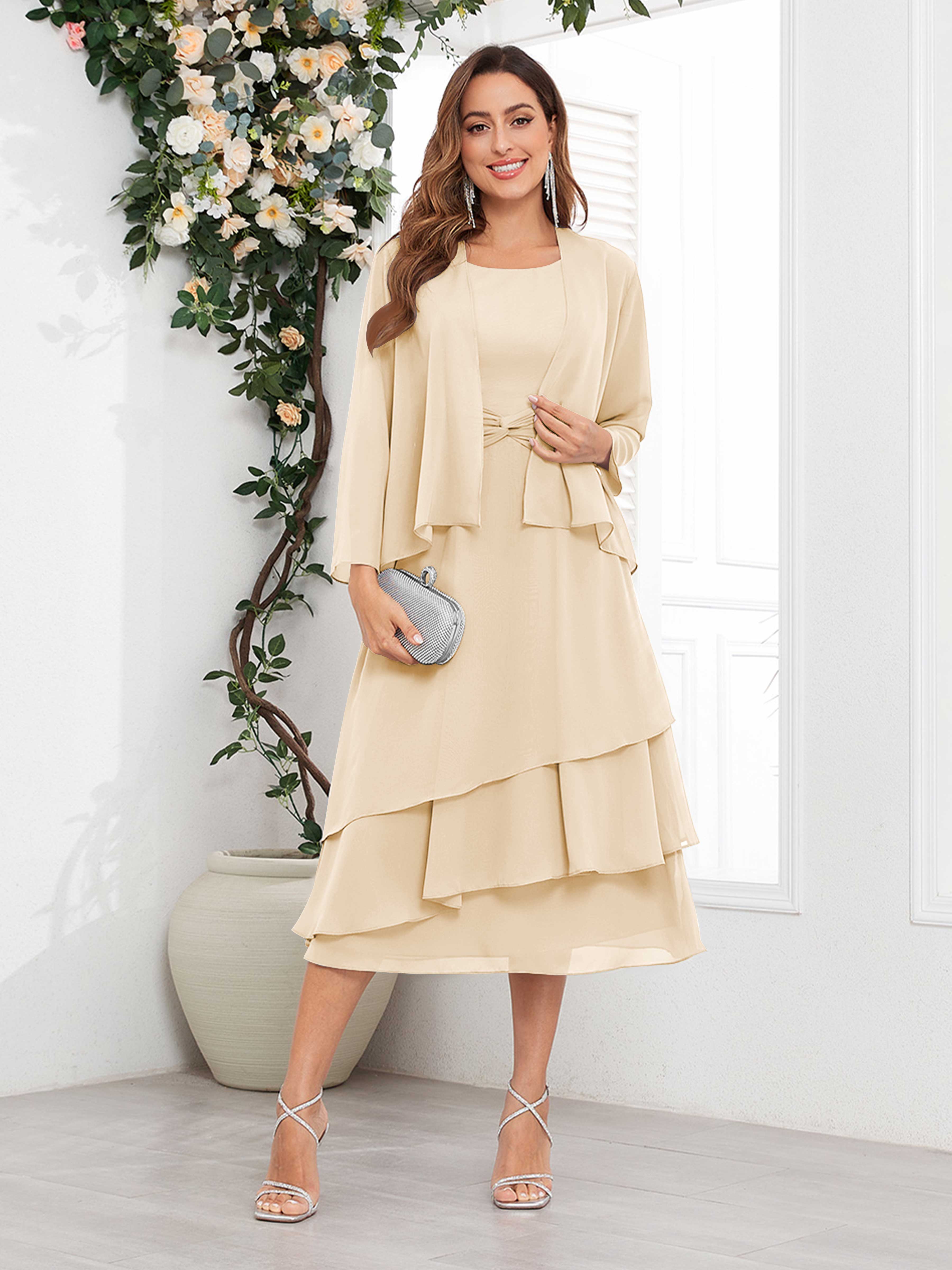 Women's Midi Chiffon Mother Of The Bride Dress Long Sleeve Tiered Two Piece