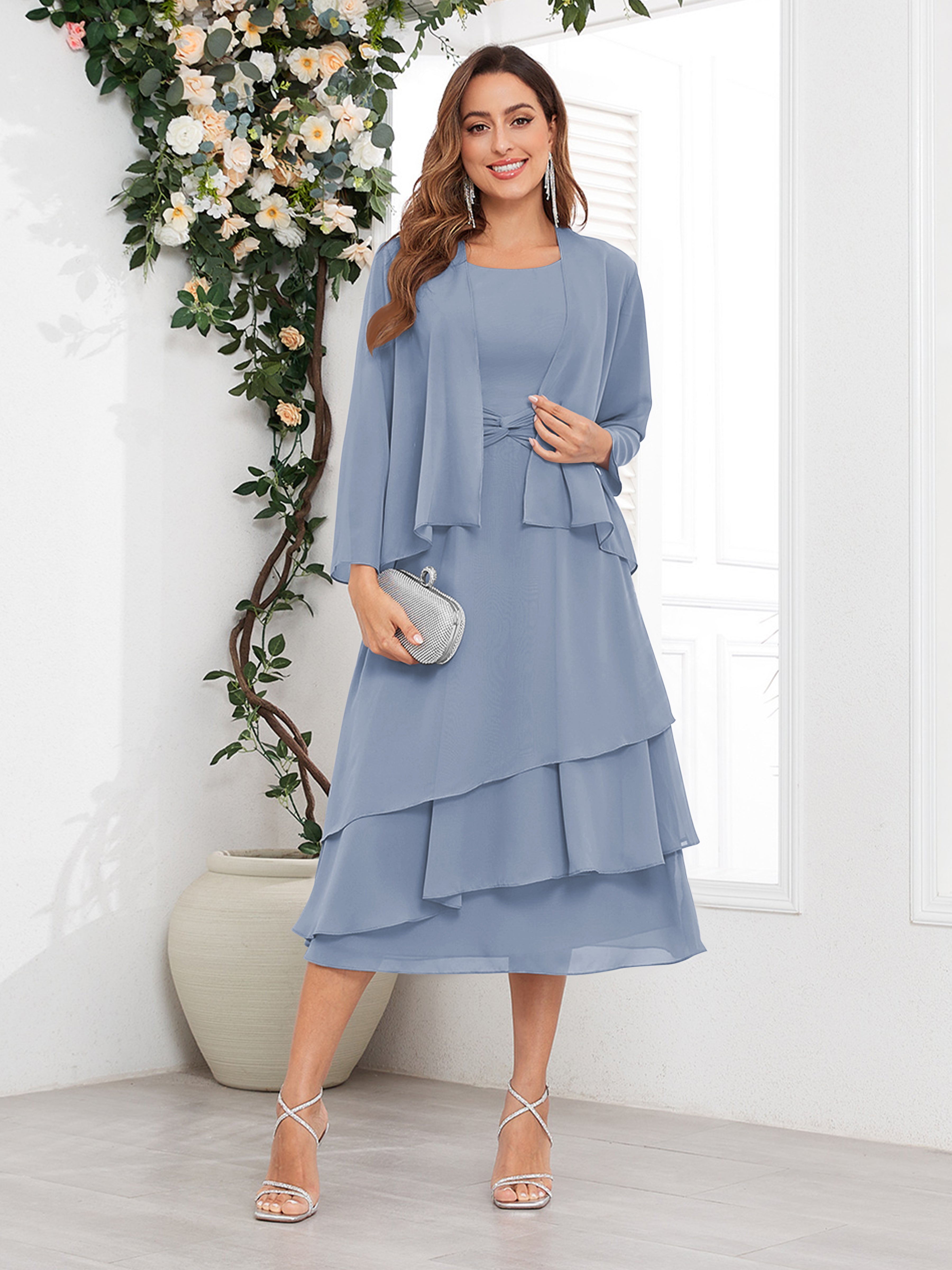 Women's Midi Chiffon Mother Of The Bride Dress Long Sleeve Tiered Two Piece