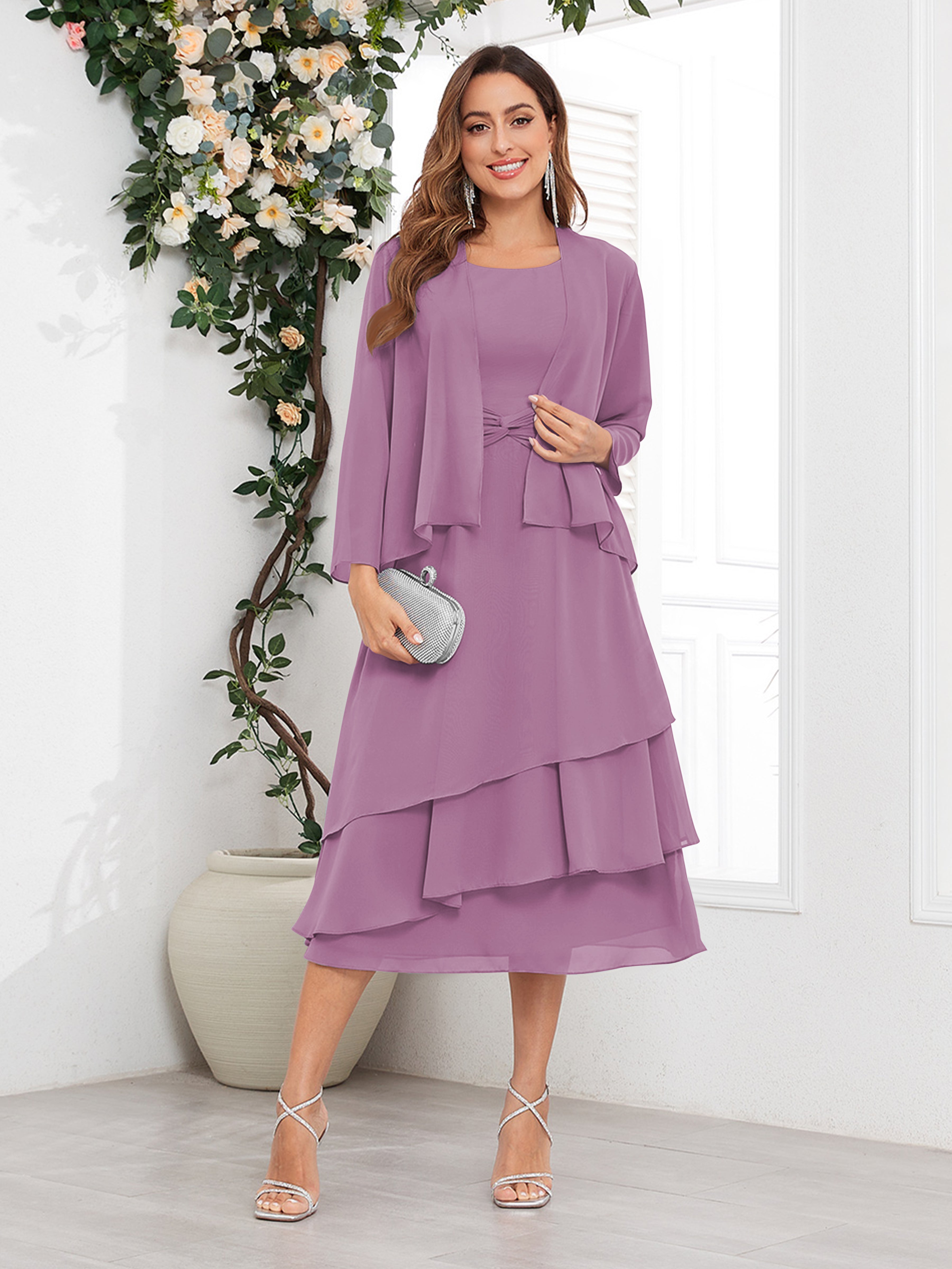 Women's Midi Chiffon Mother Of The Bride Dress Long Sleeve Tiered Two Piece