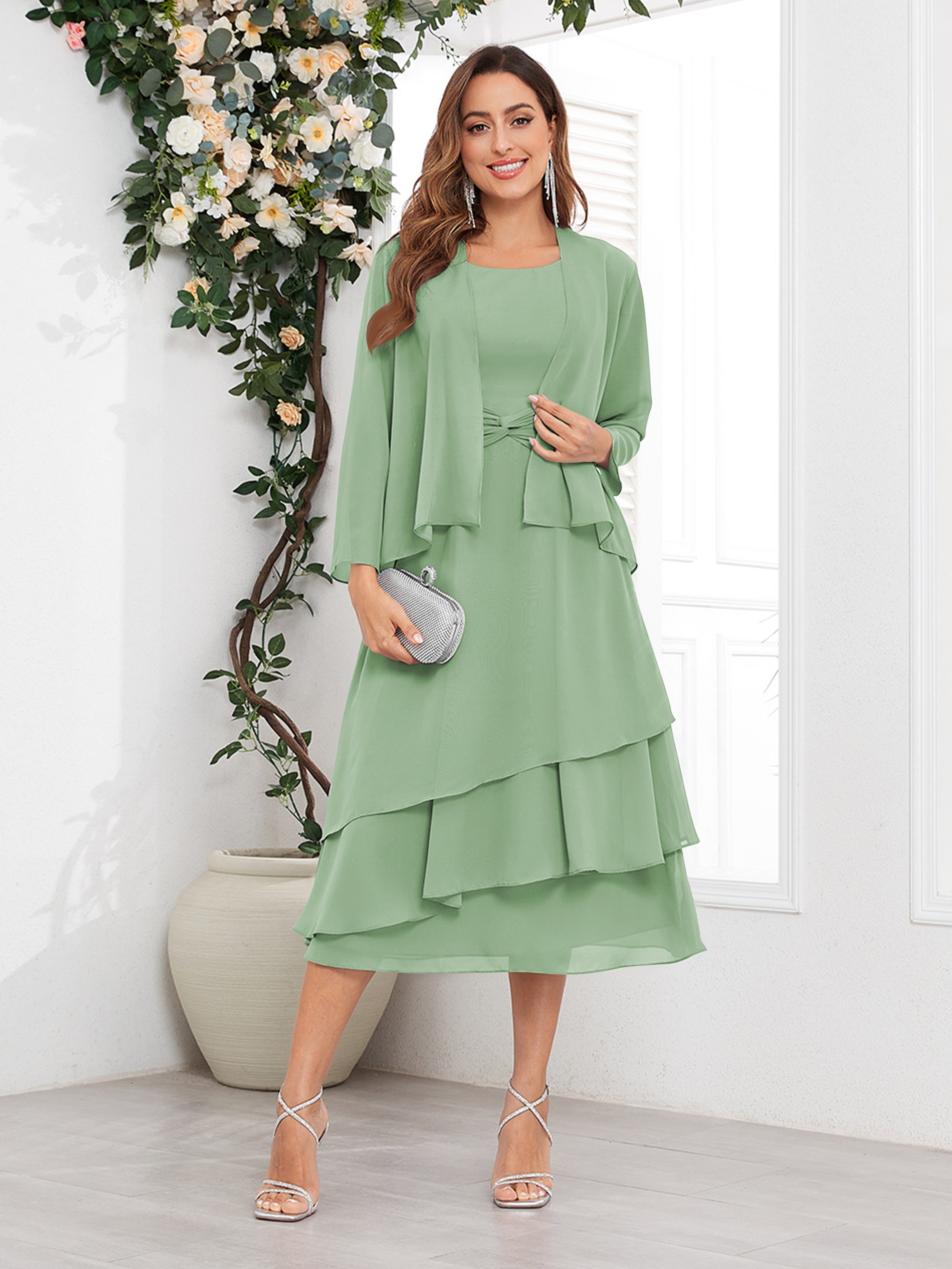 Women's Midi Chiffon Mother Of The Bride Dress Long Sleeve Tiered Two Piece