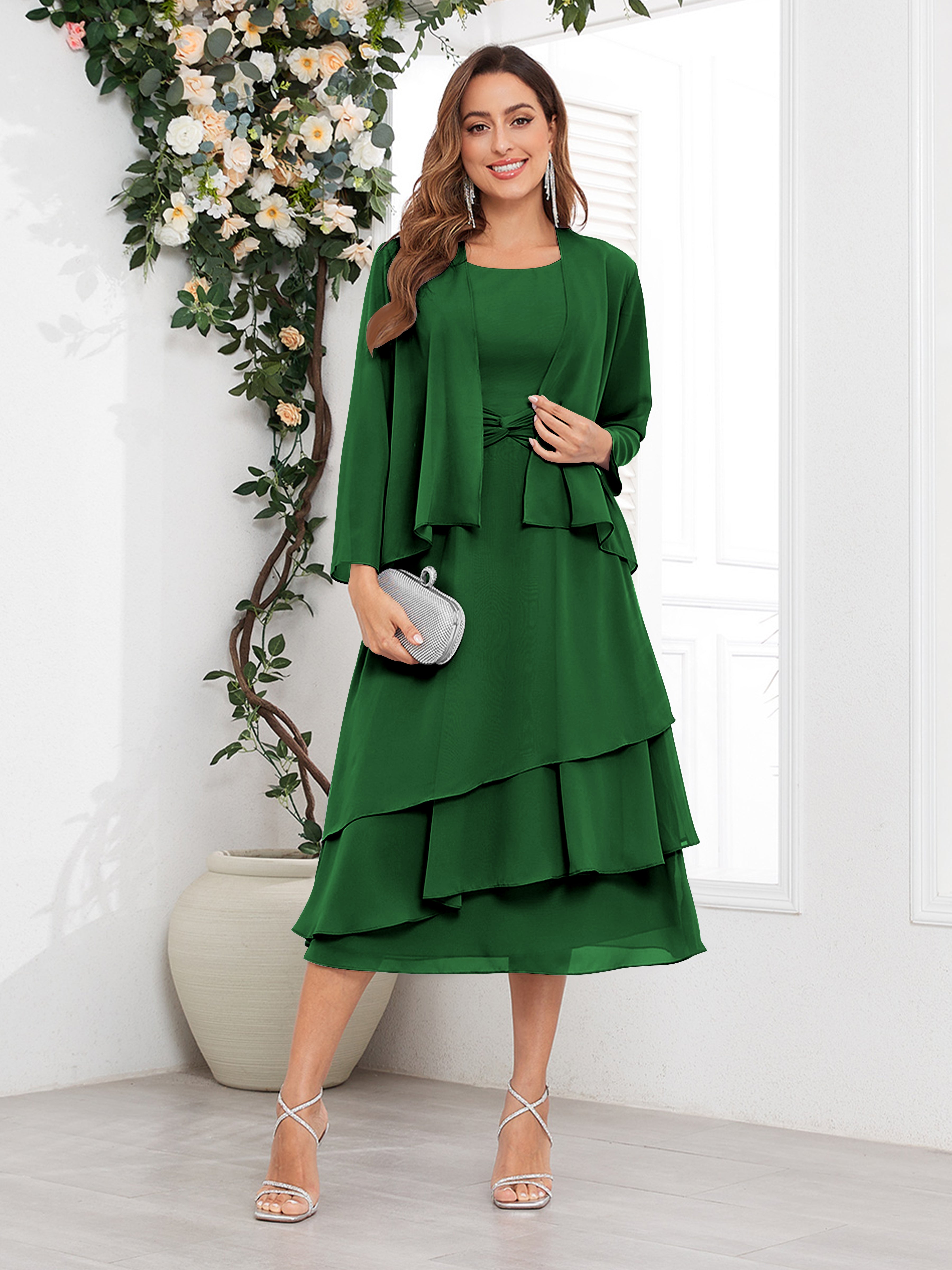Women's Midi Chiffon Mother Of The Bride Dress Long Sleeve Tiered Two Piece