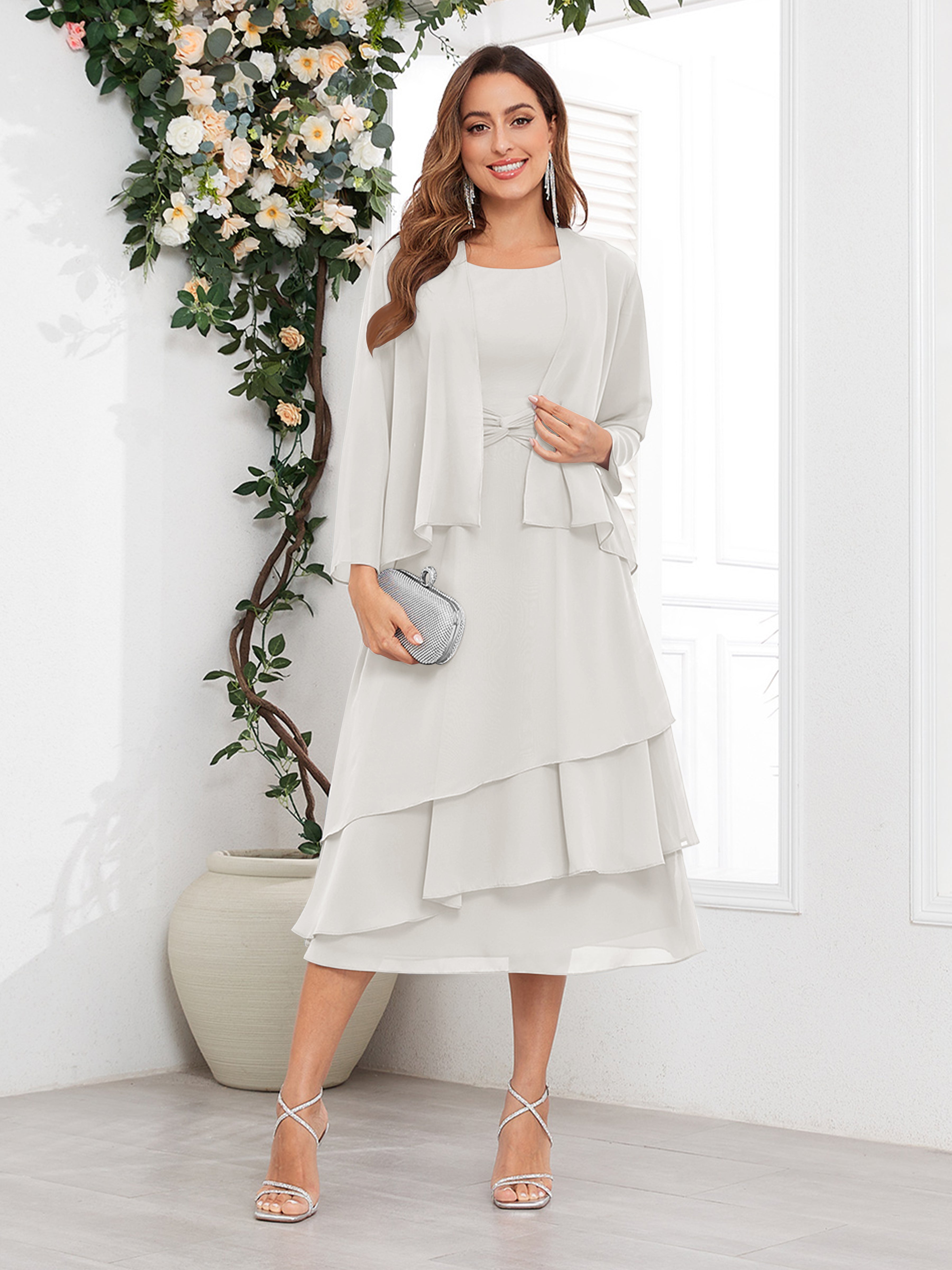 Women's Midi Chiffon Mother Of The Bride Dress Long Sleeve Tiered Two Piece