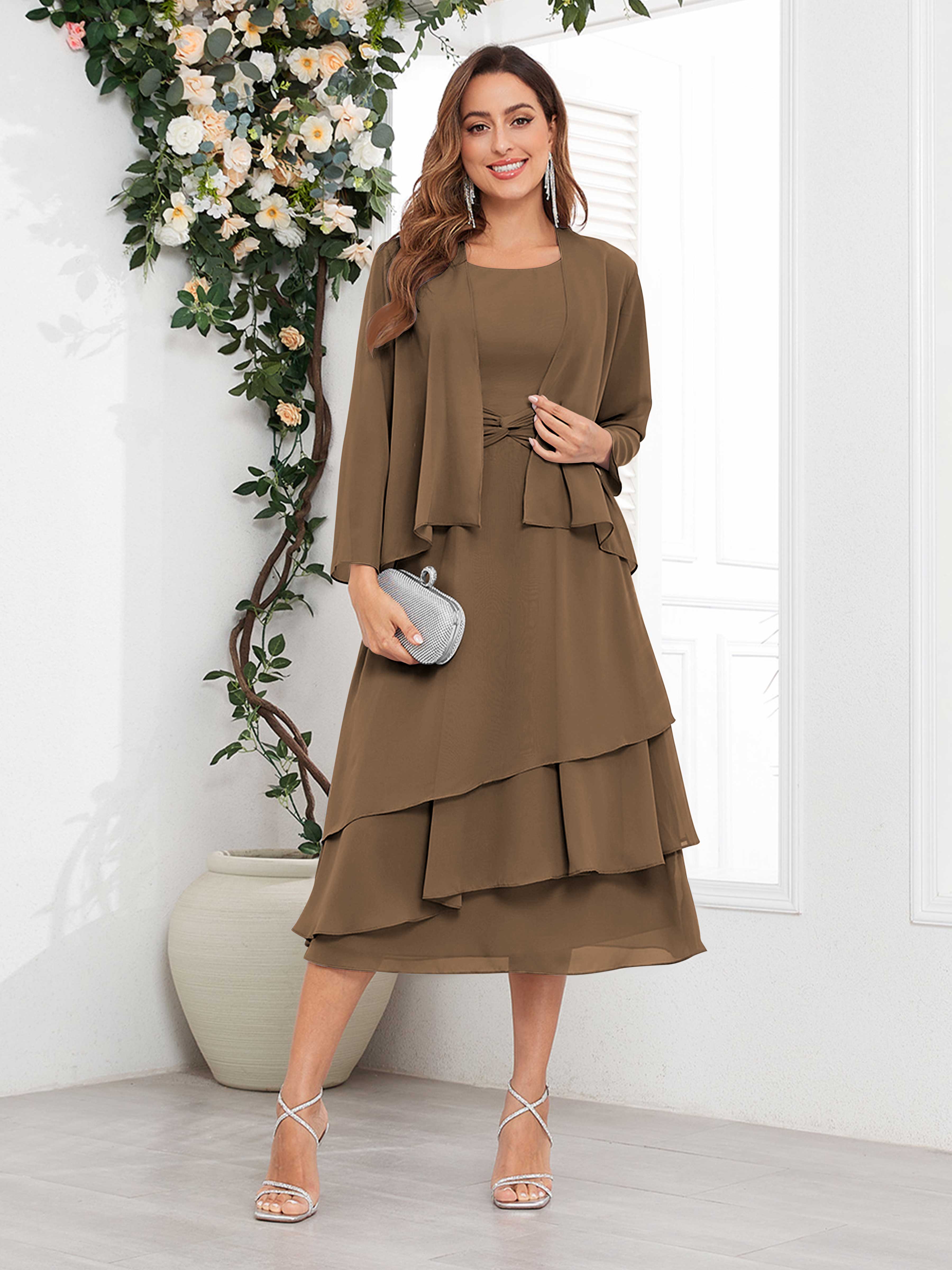Women's Midi Chiffon Mother Of The Bride Dress Long Sleeve Tiered Two Piece