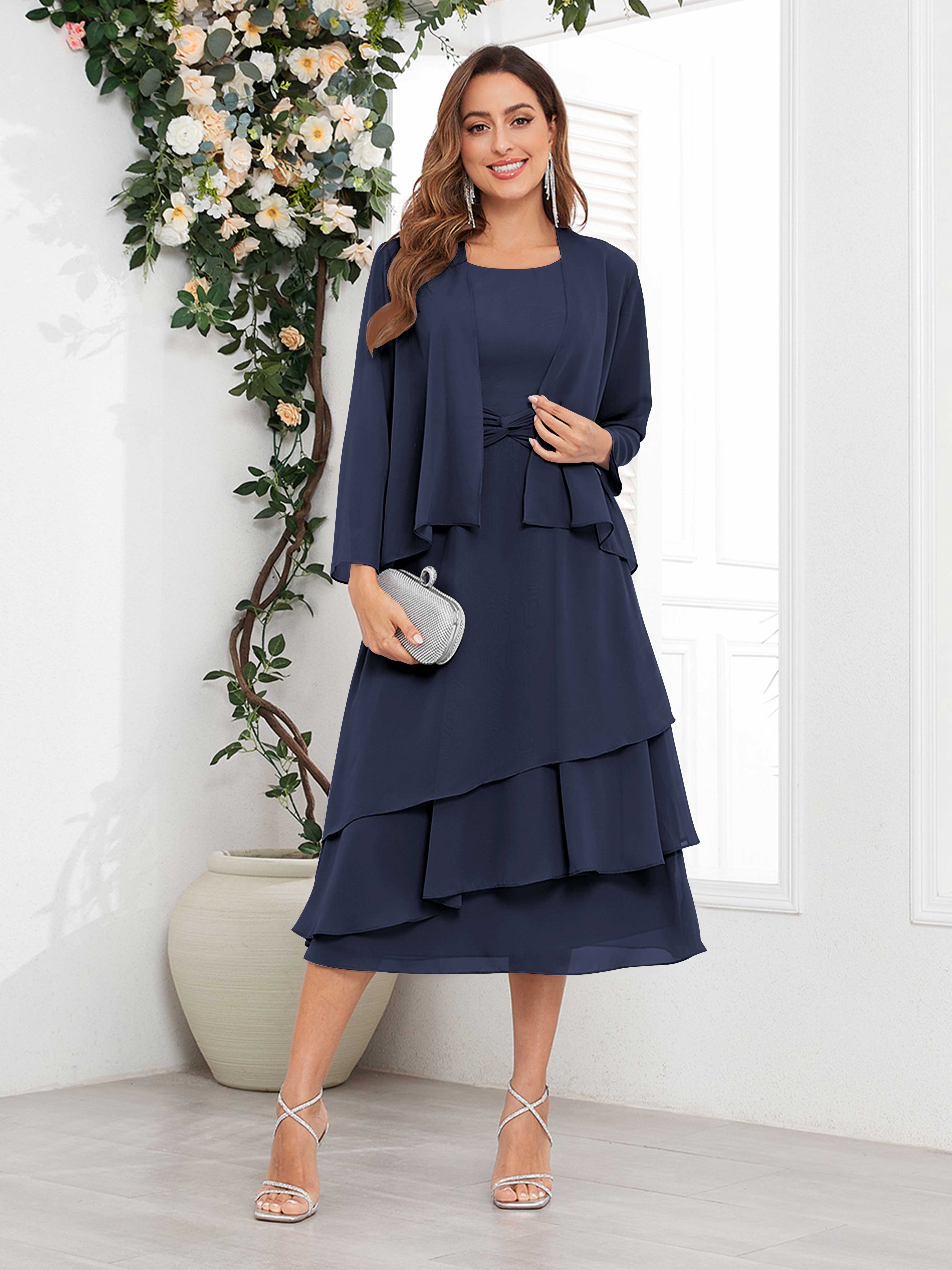 Women's Midi Chiffon Mother Of The Bride Dress Long Sleeve Tiered Two Piece