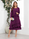 Women's Midi Chiffon Mother Of The Bride Dress Long Sleeve Tiered Two Piece