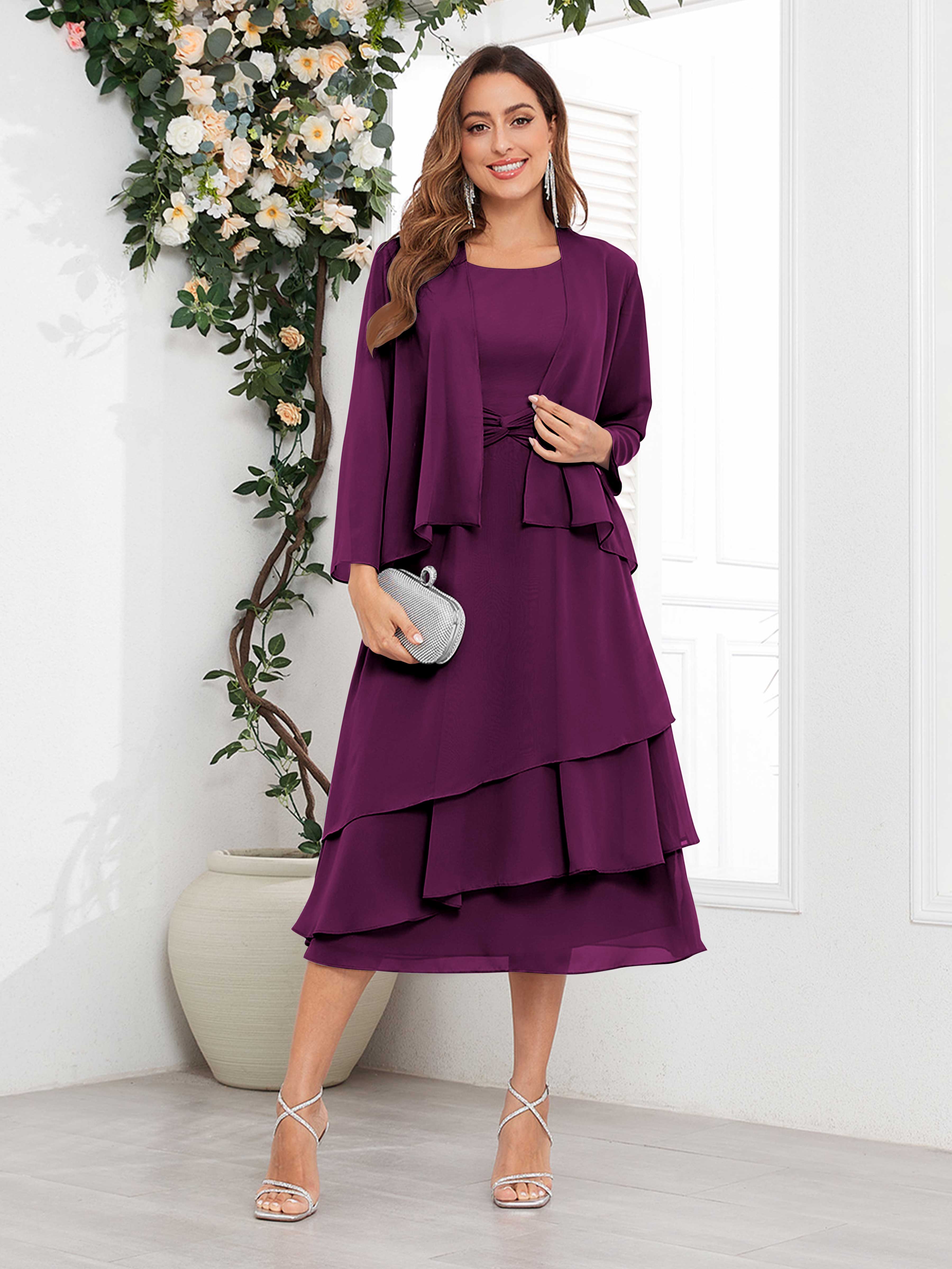 Women's Midi Chiffon Mother Of The Bride Dress Long Sleeve Tiered Two Piece