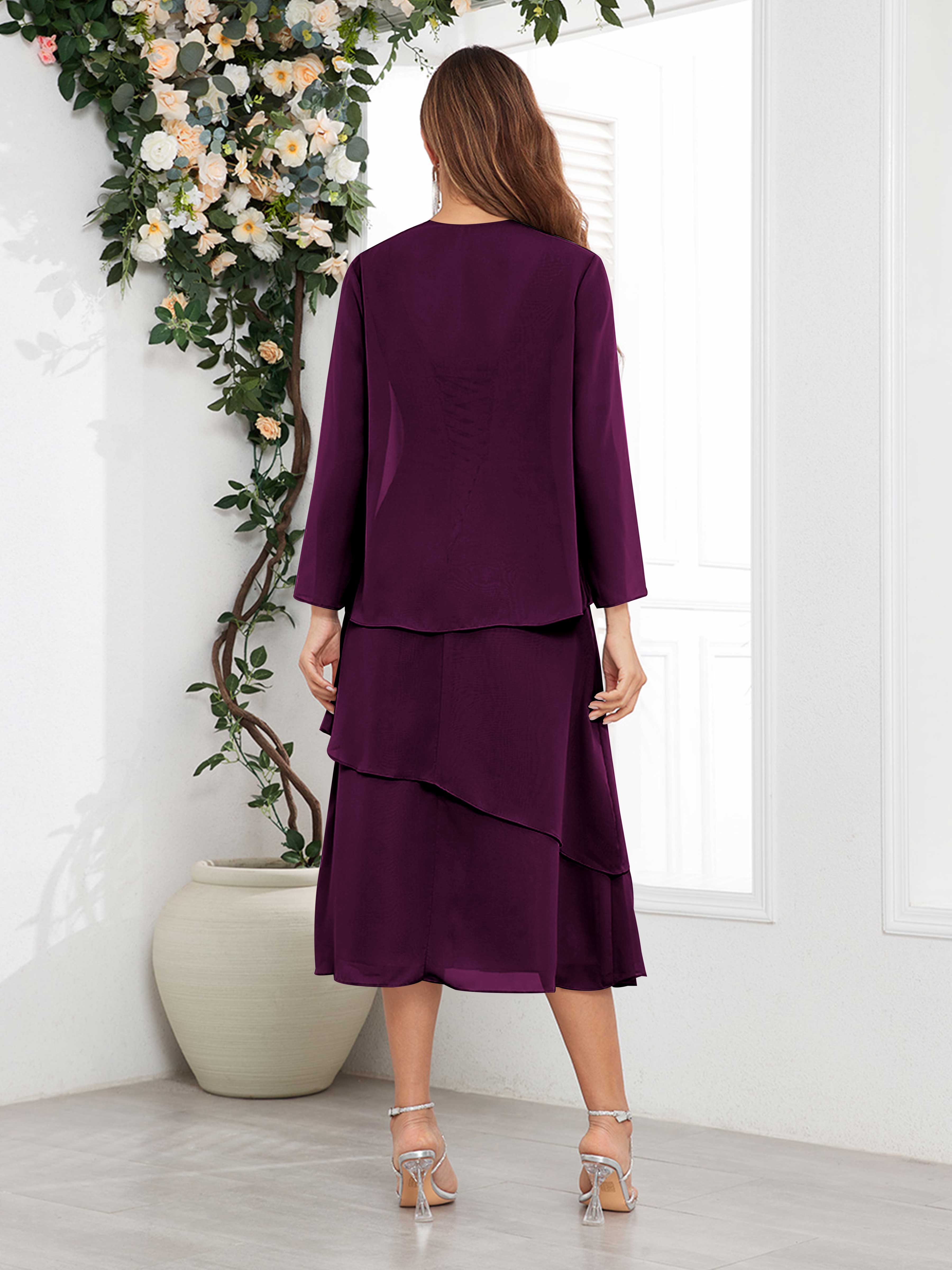 Women's Midi Chiffon Mother Of The Bride Dress Long Sleeve Tiered Two Piece