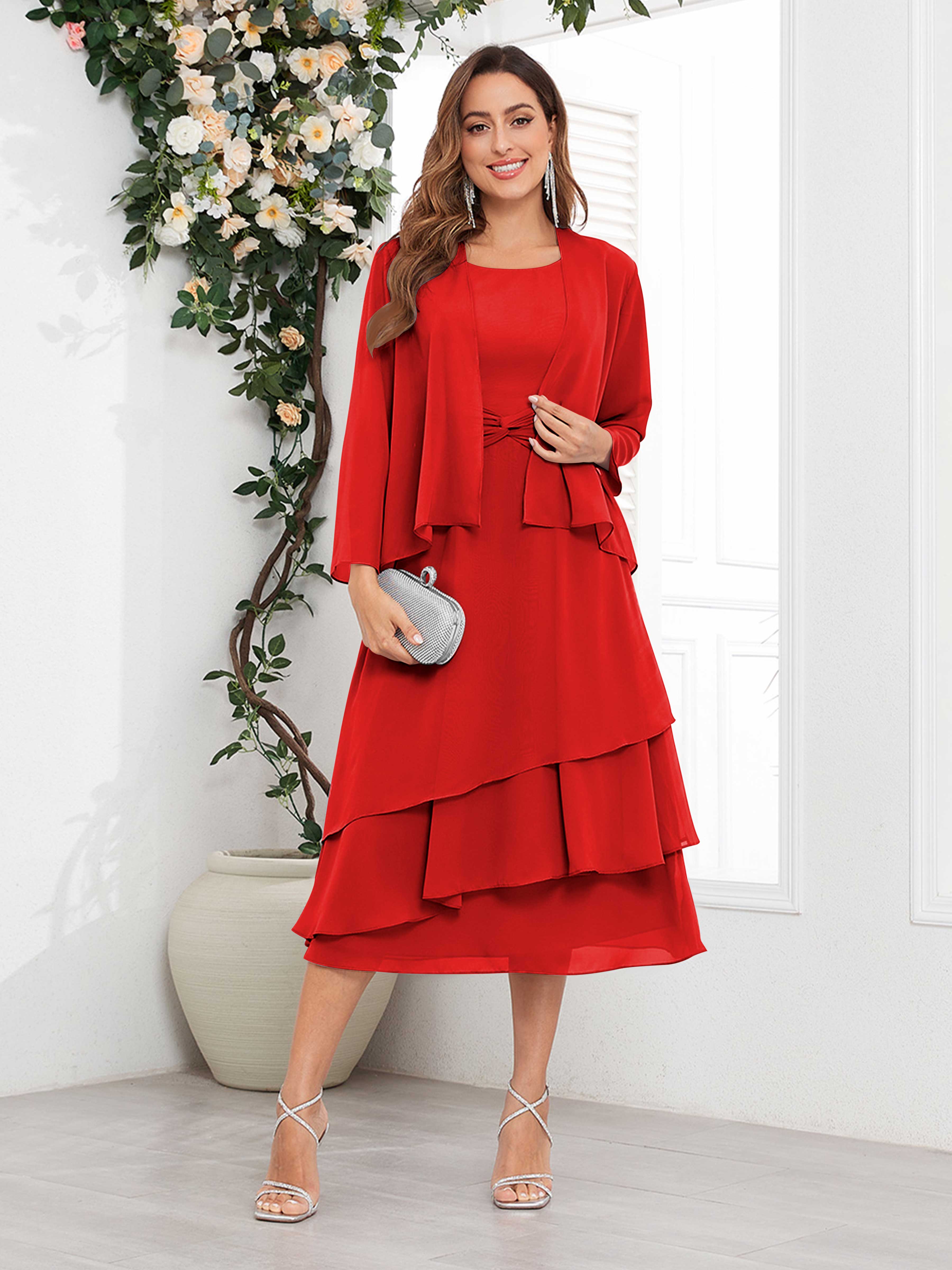 Women's Midi Chiffon Mother Of The Bride Dress Long Sleeve Tiered Two Piece