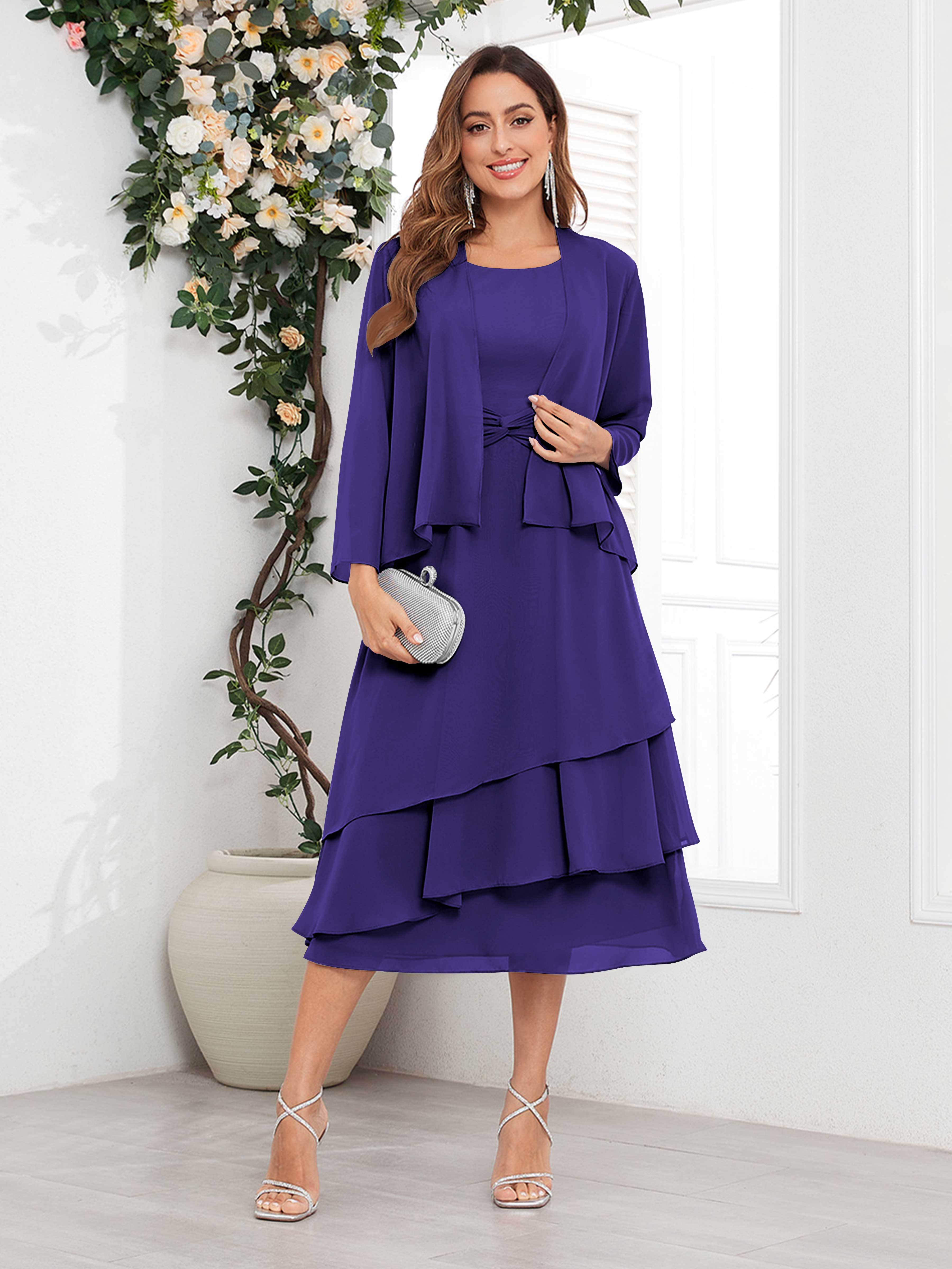 Women's Midi Chiffon Mother Of The Bride Dress Long Sleeve Tiered Two Piece