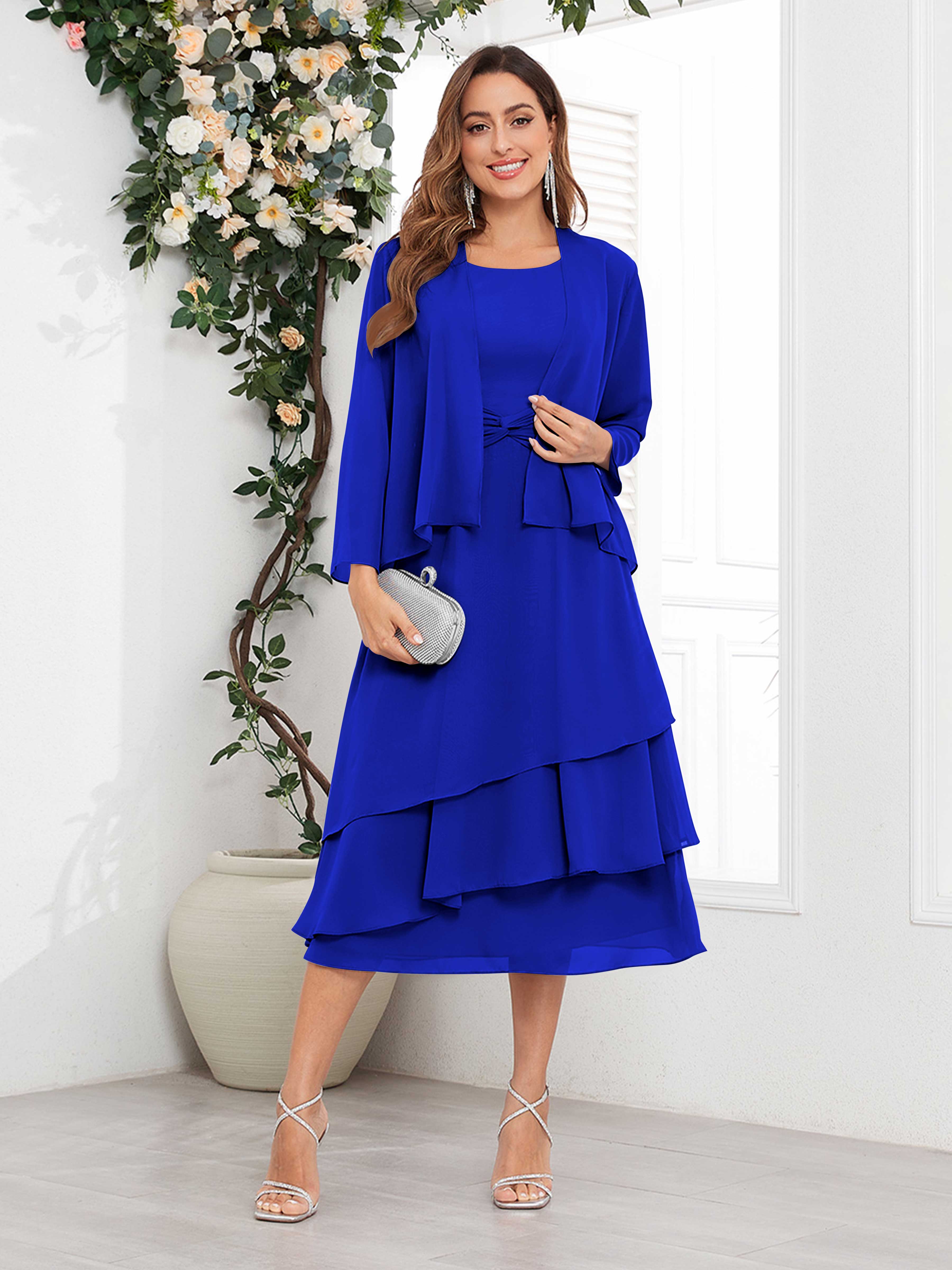 Women's Midi Chiffon Mother Of The Bride Dress Long Sleeve Tiered Two Piece