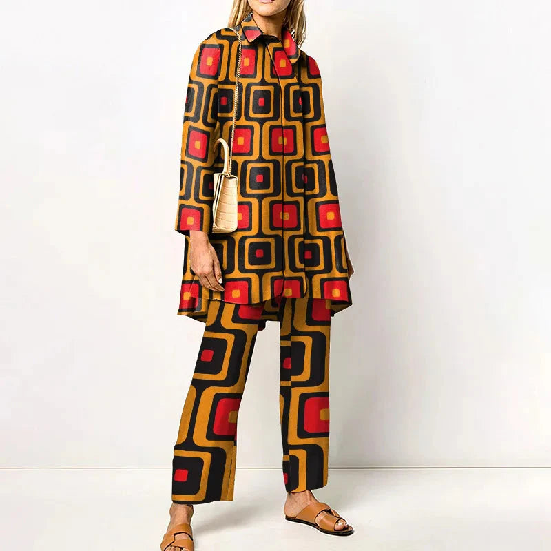 Elegant vintage two-piece set for women – Fashionable blouse and trousers