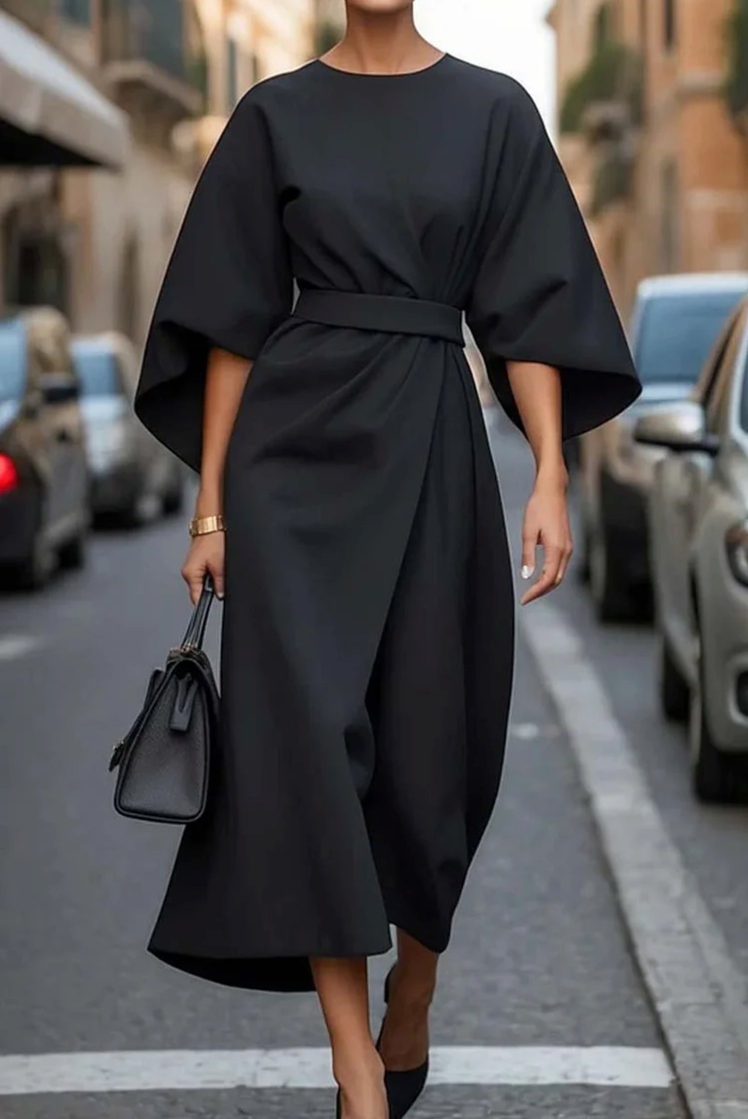 Camille Women’s A-Line Dress – Puff Sleeves and Belt